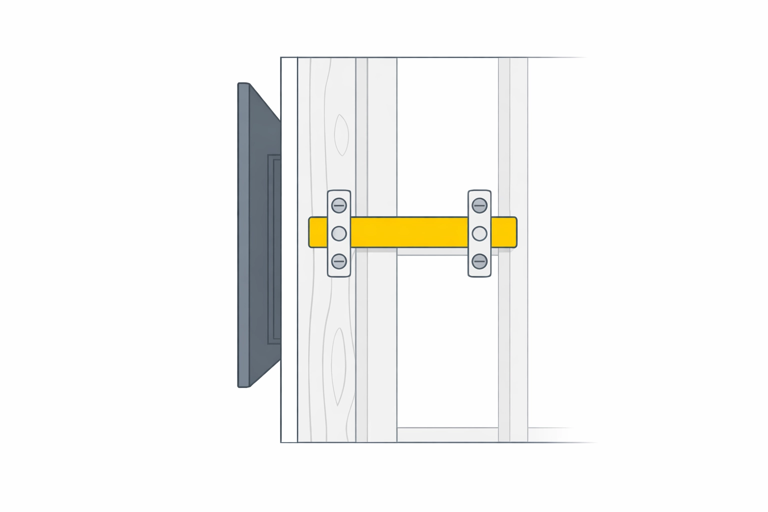 Illustration showing a television securely mounted to wall studs with professional hardware for maximum safety.