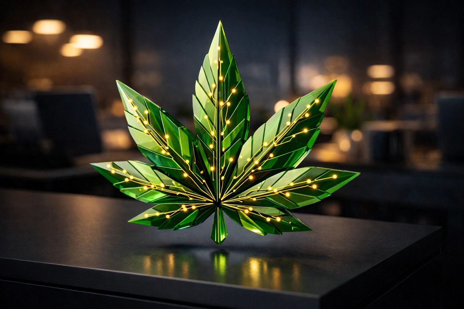 Stylized cannabis leaf with digital data lines representing SEO and search optimization for marketing agencies