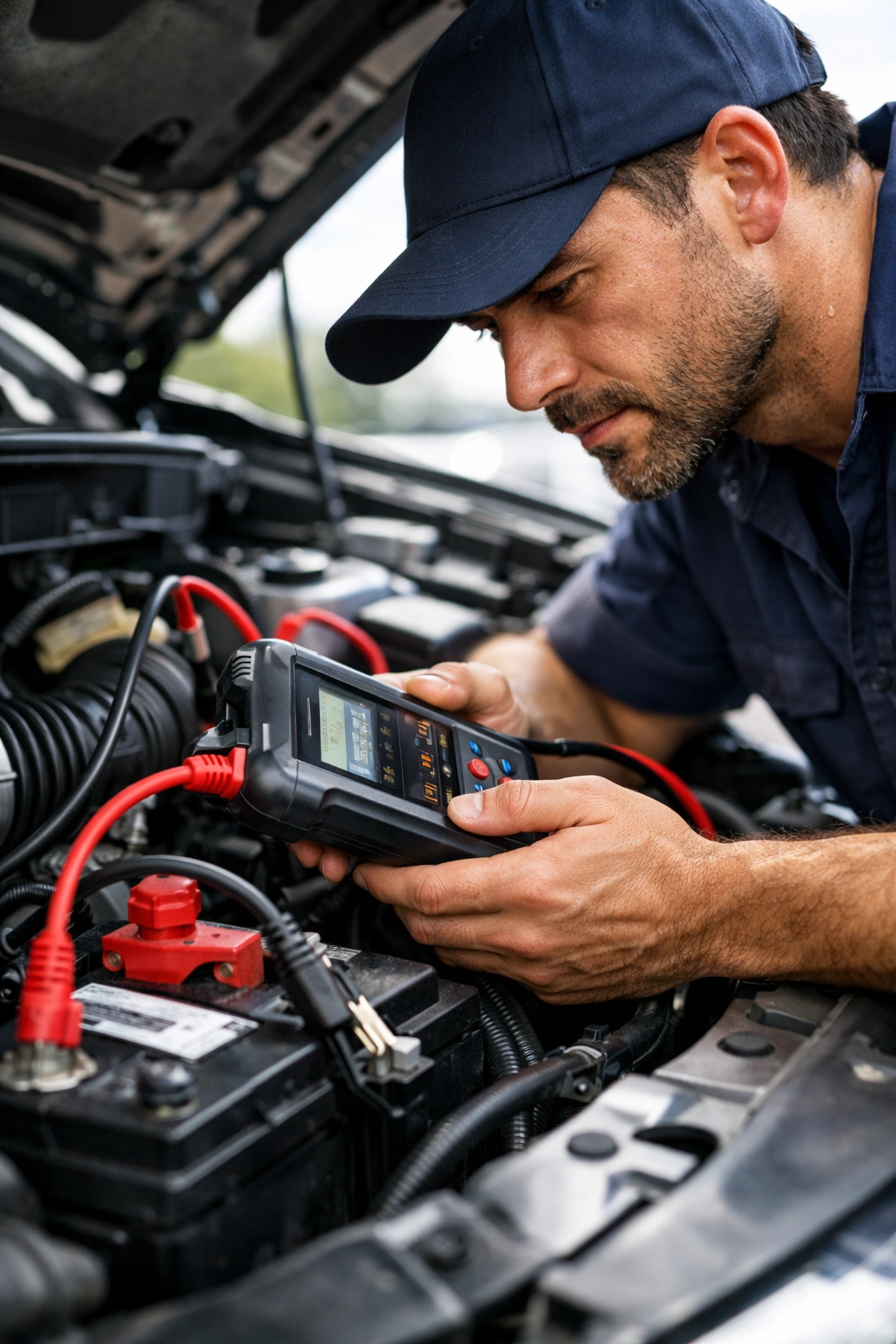 Mobile mechanic using diagnostic scanner on car battery
