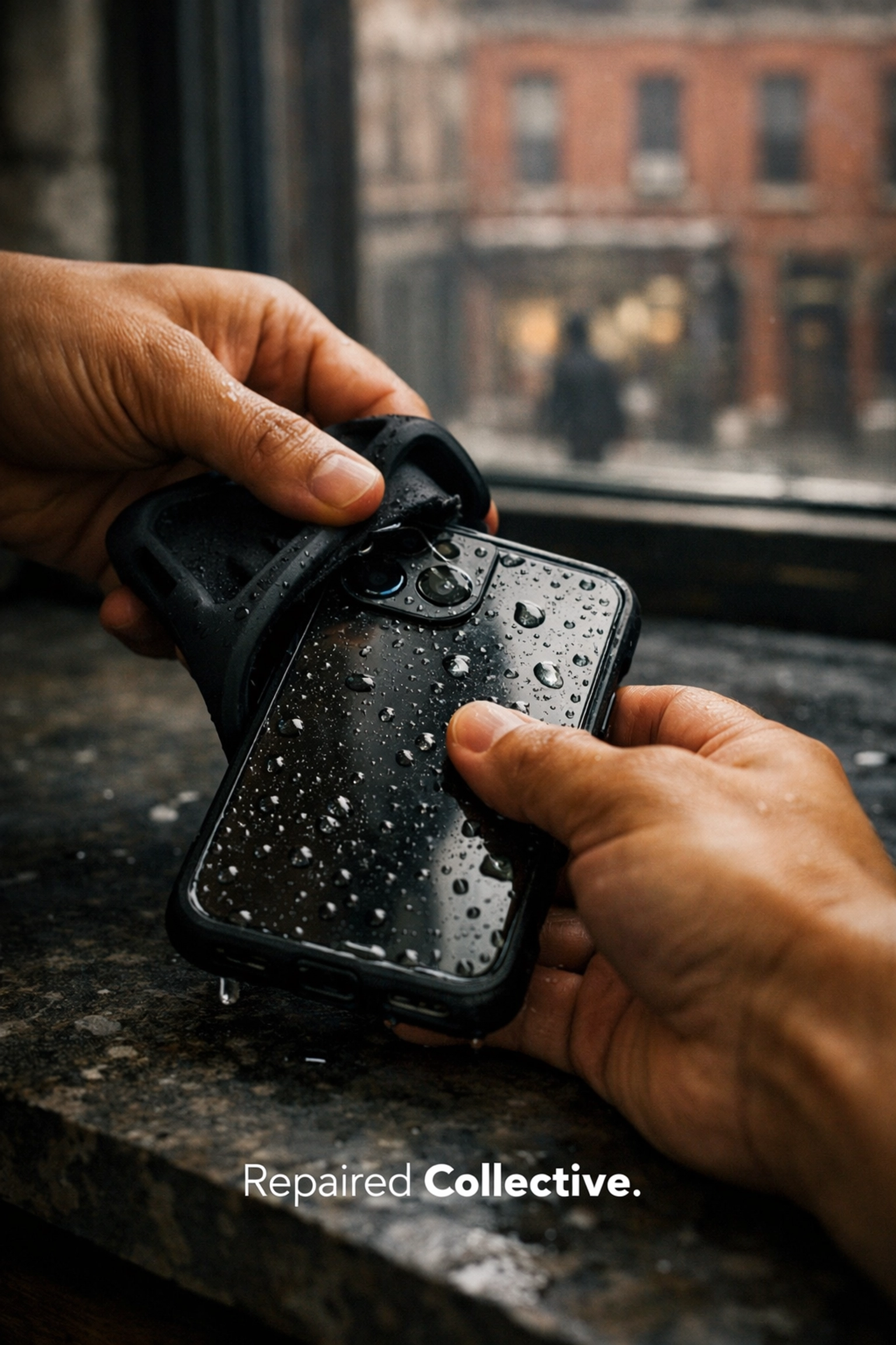 Removing a case from a wet phone to prevent water damage, an essential emergency step from Repaired Collective.