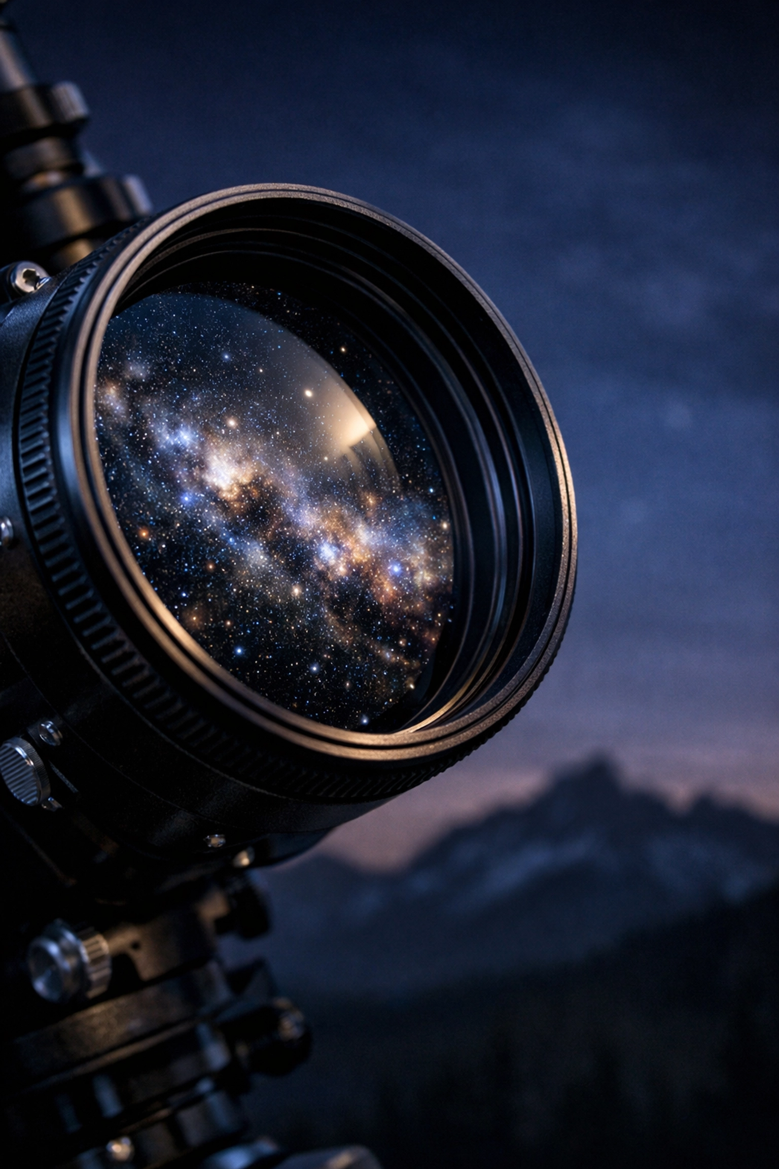 Close-up of a telescope lens reflecting stars during a high school science field trip in Yellowstone.