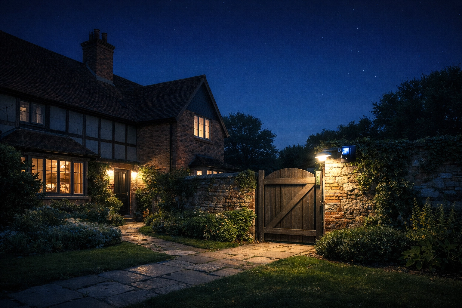 Motion-activated security lighting and CCTV protecting a British property at night for total peace of mind.