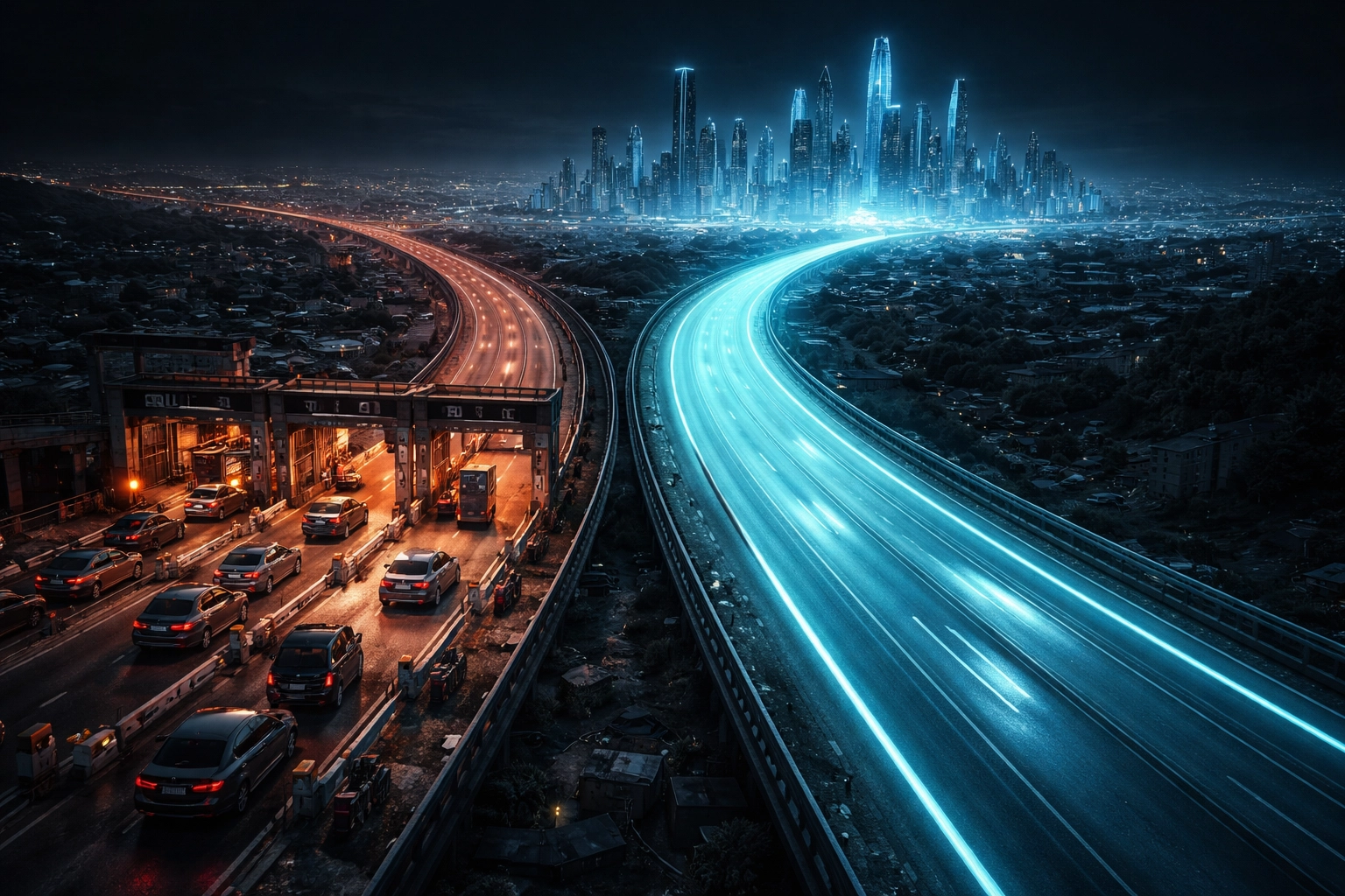 Two diverging roads, one filled with tolls representing traditional payment fees, the other a clear path symbolizing Larecoin’s low-cost crypto POS system.