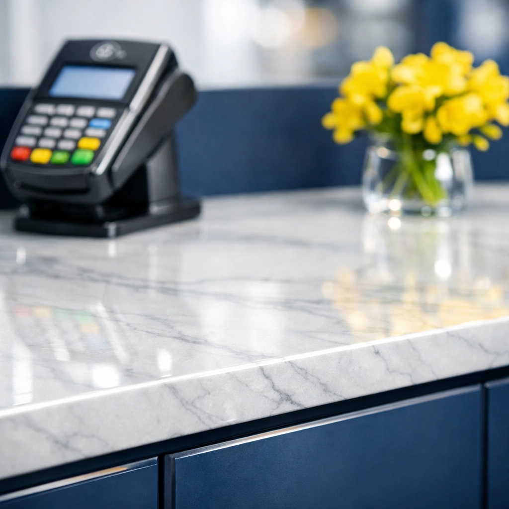 Sanitized marble checkout counter in a Harvard shop featuring streak-free surfaces and professional cleaning.