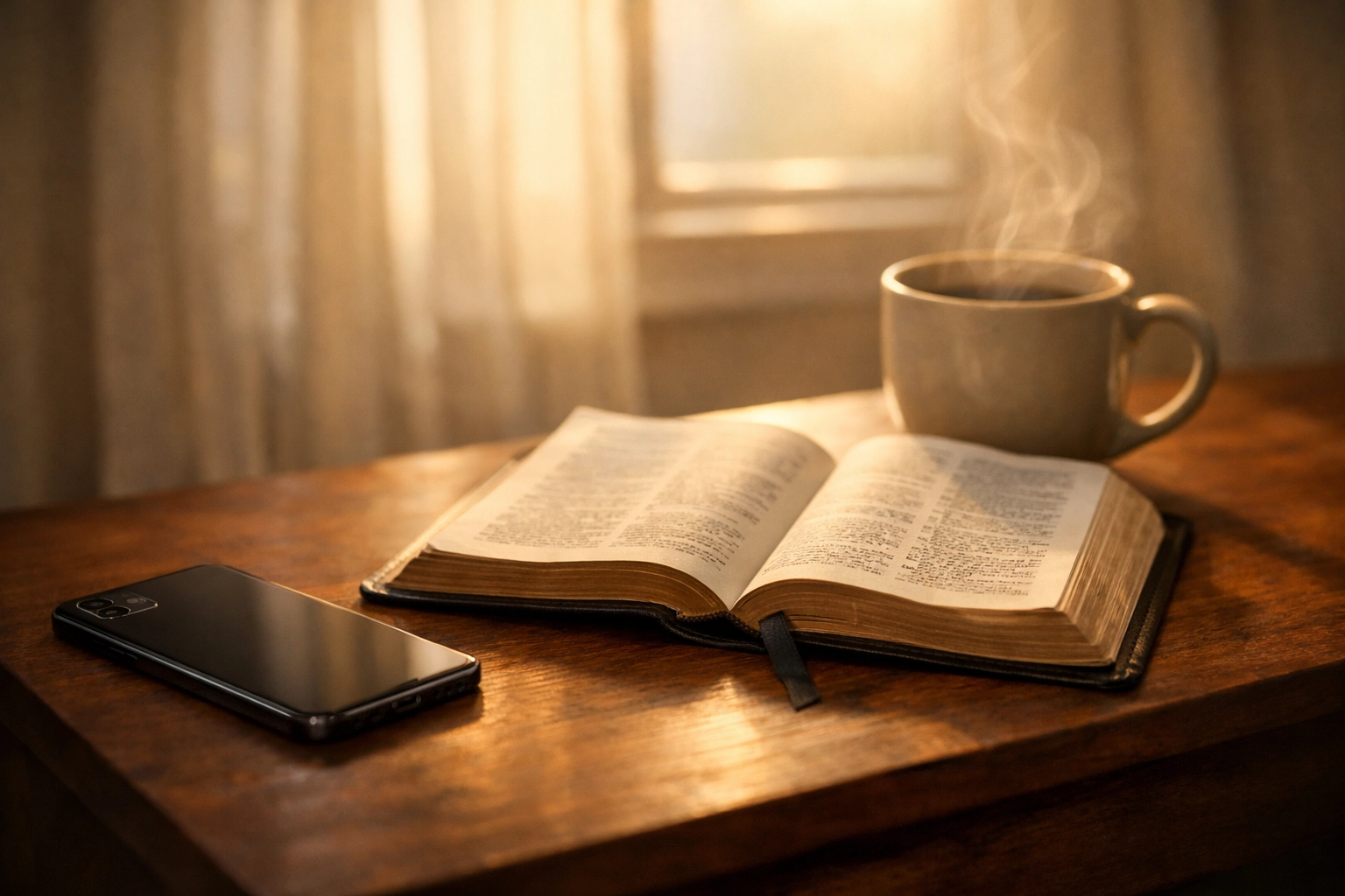 Peaceful morning routine with phone face-down, open Bible, and coffee on nightstand