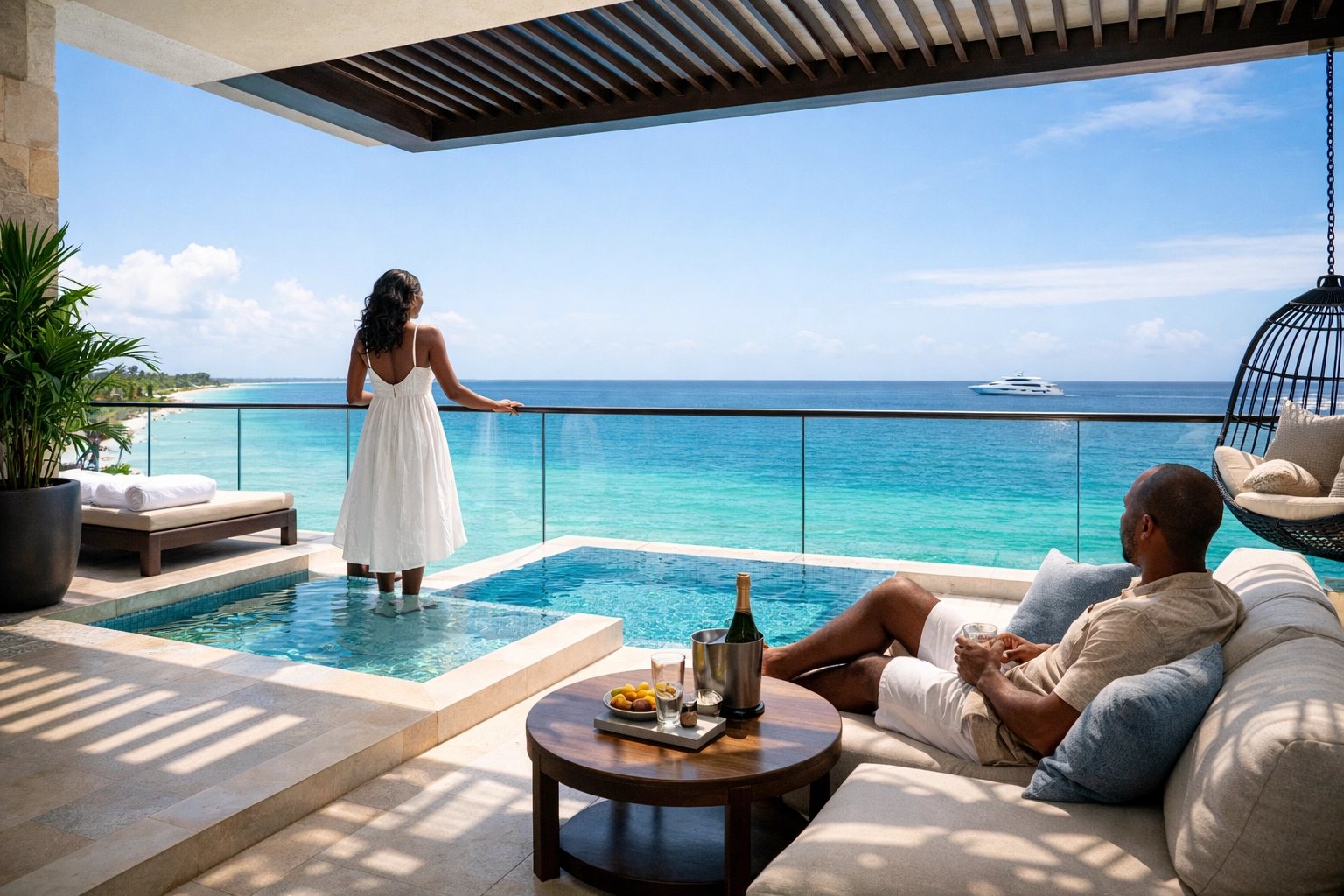 Couple relaxing on a luxury oceanfront suite balcony, perfect for an Adults Only travel agent booking.