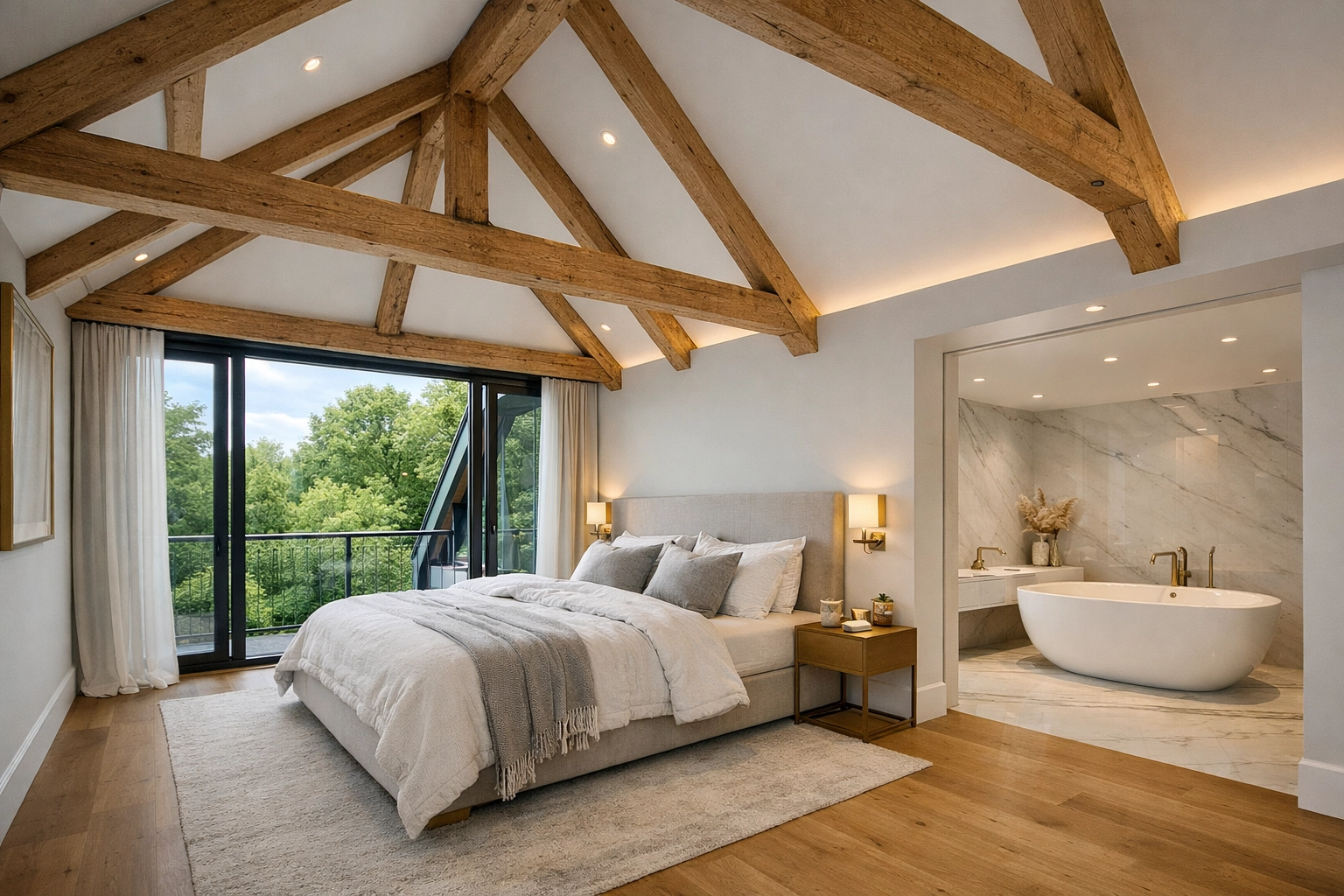 Luxury loft conversion in North London featuring a modern master suite with vaulted ceilings and oak beams.