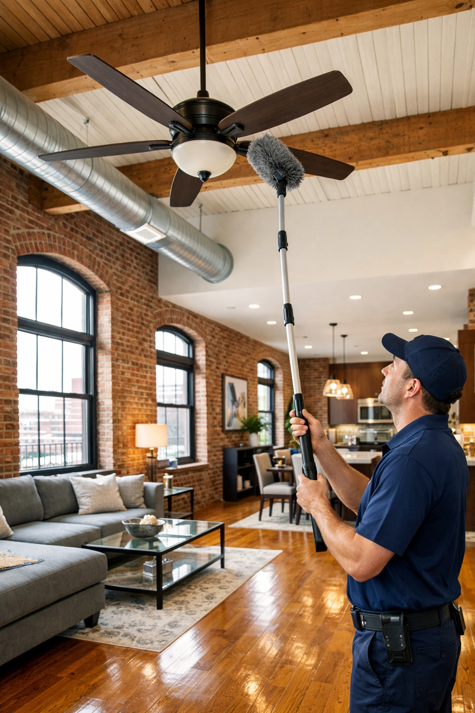 House cleaning Lowell MA expert dusting a high ceiling fan in a modern loft for a top-to-bottom clean.