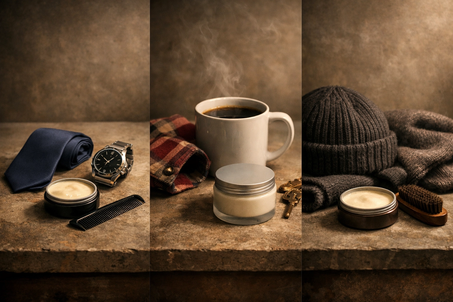 Beard wax routine setups for office, weekend, and cold weather grooming with comb and accessories