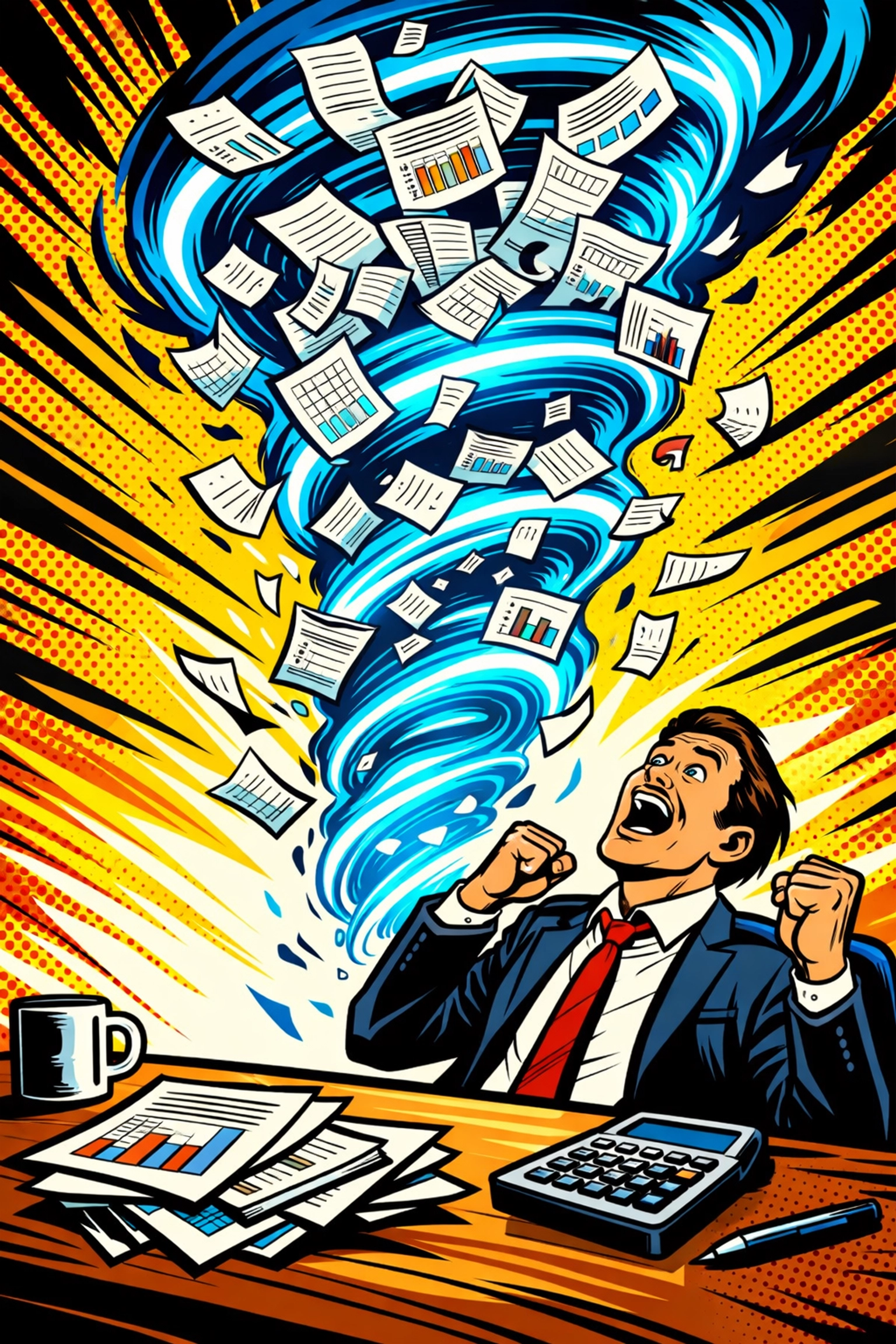 Business owner watching workflow automation clear a desk of manual data entry tasks and paper.