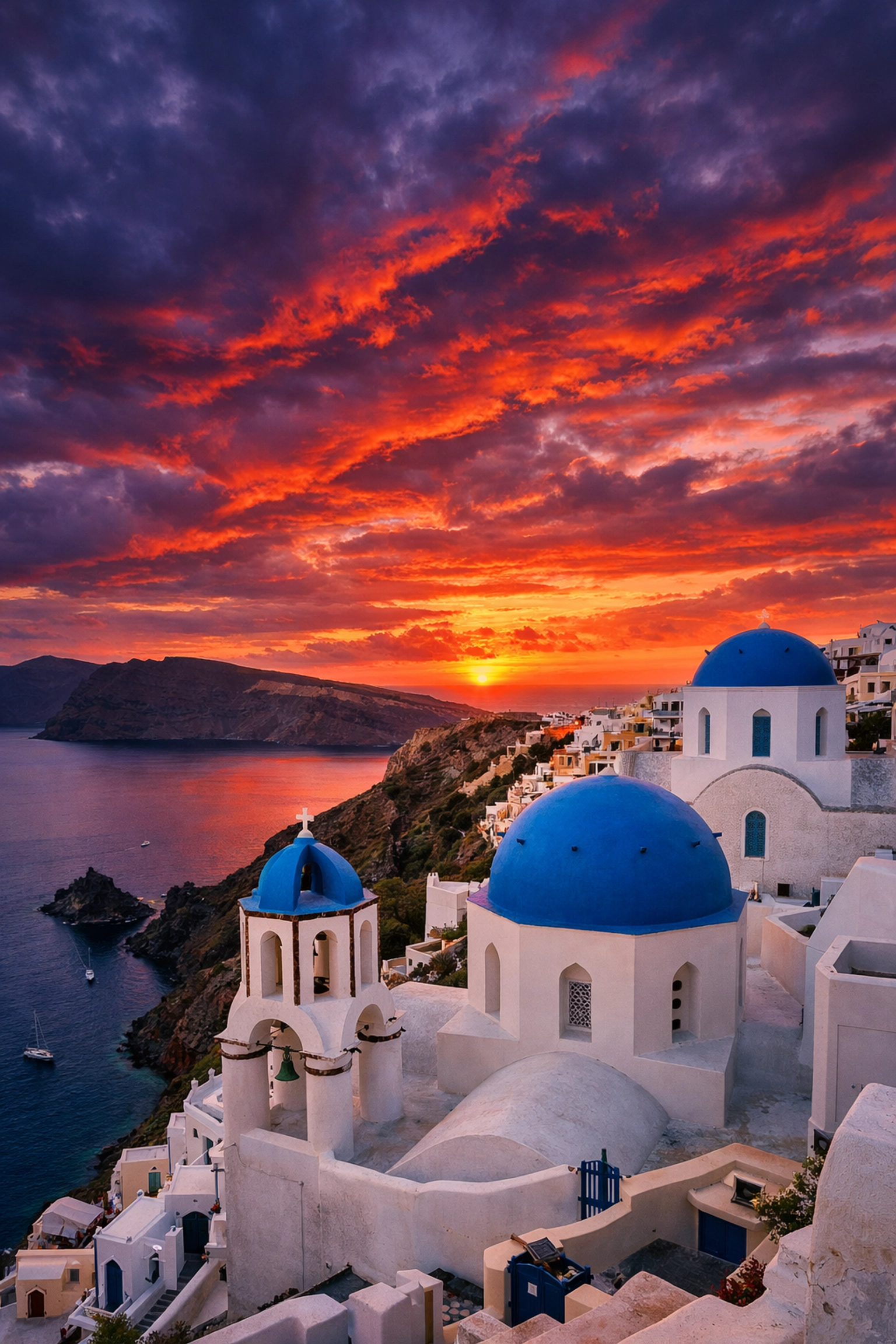 Stunning sunset over Oia Santorini's blue domes, one of the most instagrammable places for iconic landmark photos.