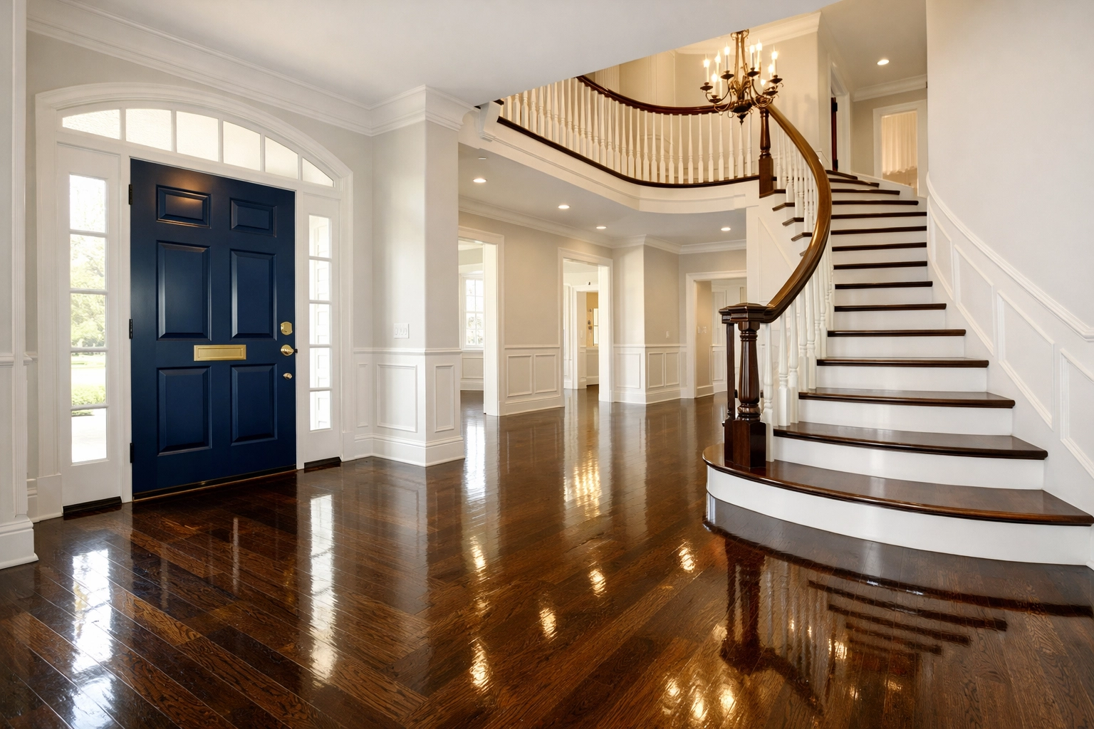 Pristine move-in ready foyer with polished oak floors after a Lancaster home deep cleaning service.