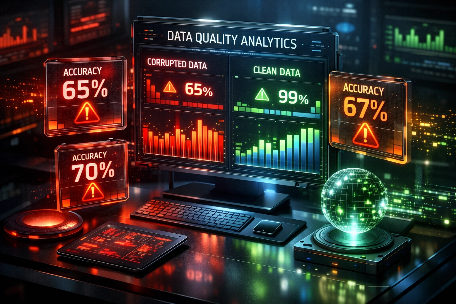 ServiceNow CMDB accuracy dashboard showing 65-70% data quality in the catastrophic zone with warning indicators