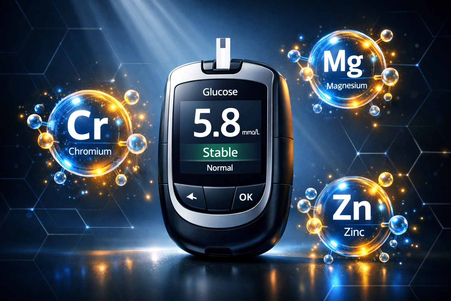 Glucose meter showing stable blood sugar levels with essential trace minerals for metabolic health