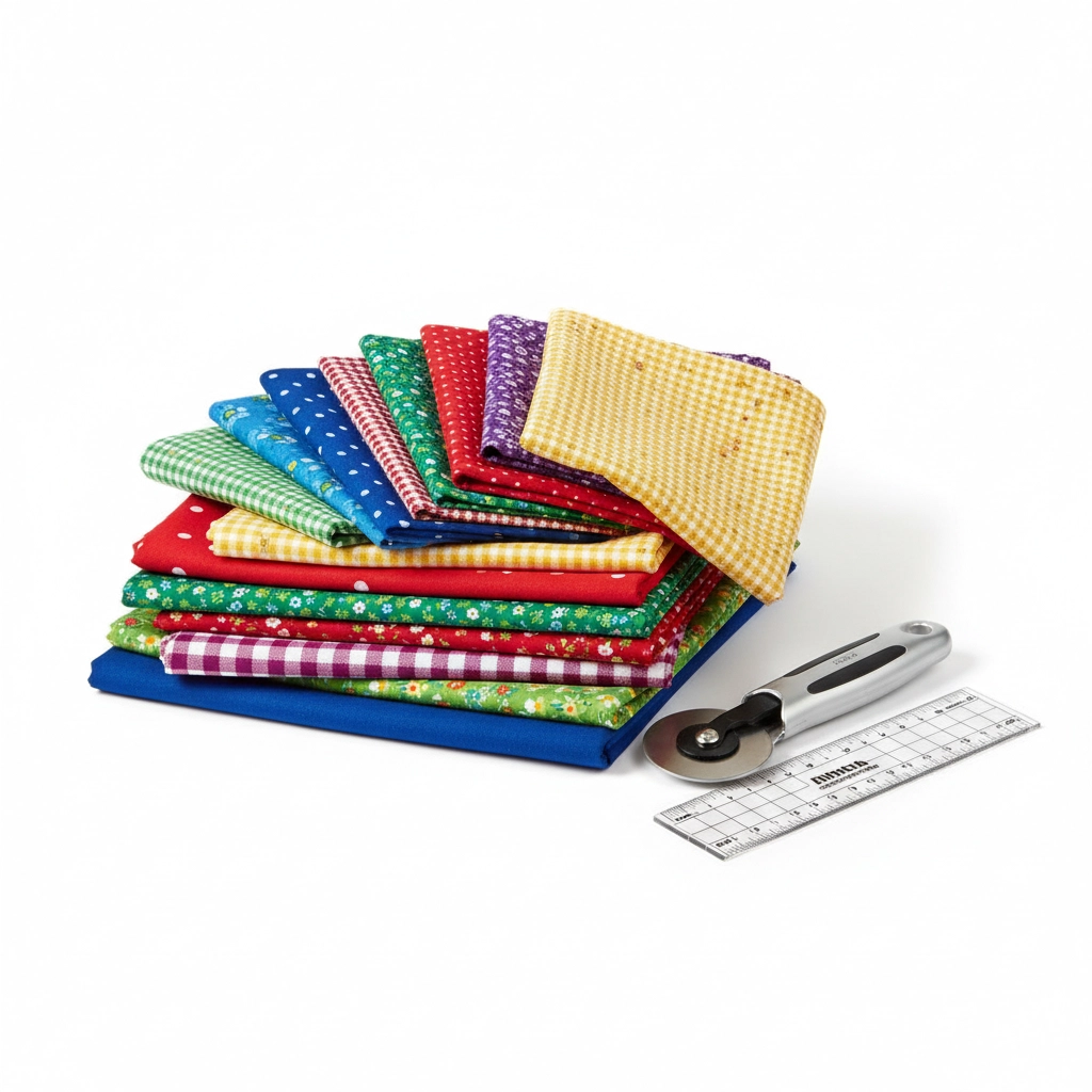 Quilt kit fabrics and tools arranged on table