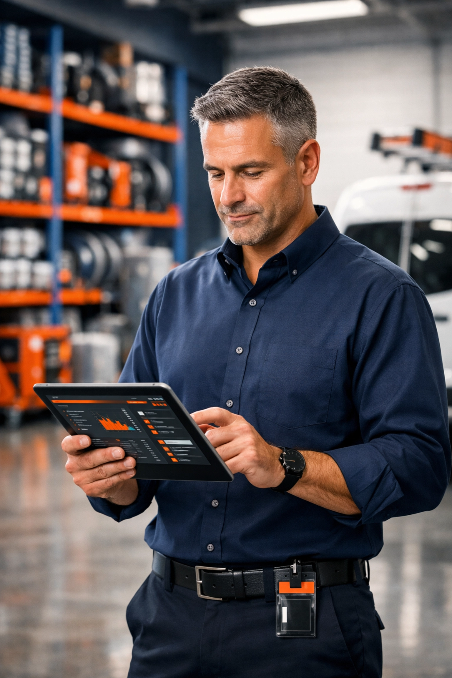 Operations manager in an HVAC warehouse using a tablet to manage a system-driven business for a successful sale.