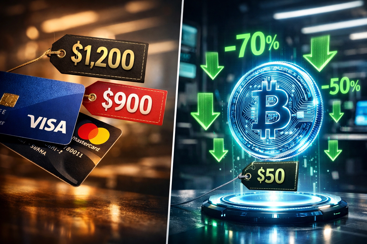 Crypto payment fee comparison showing Larecoin savings versus Visa and Mastercard