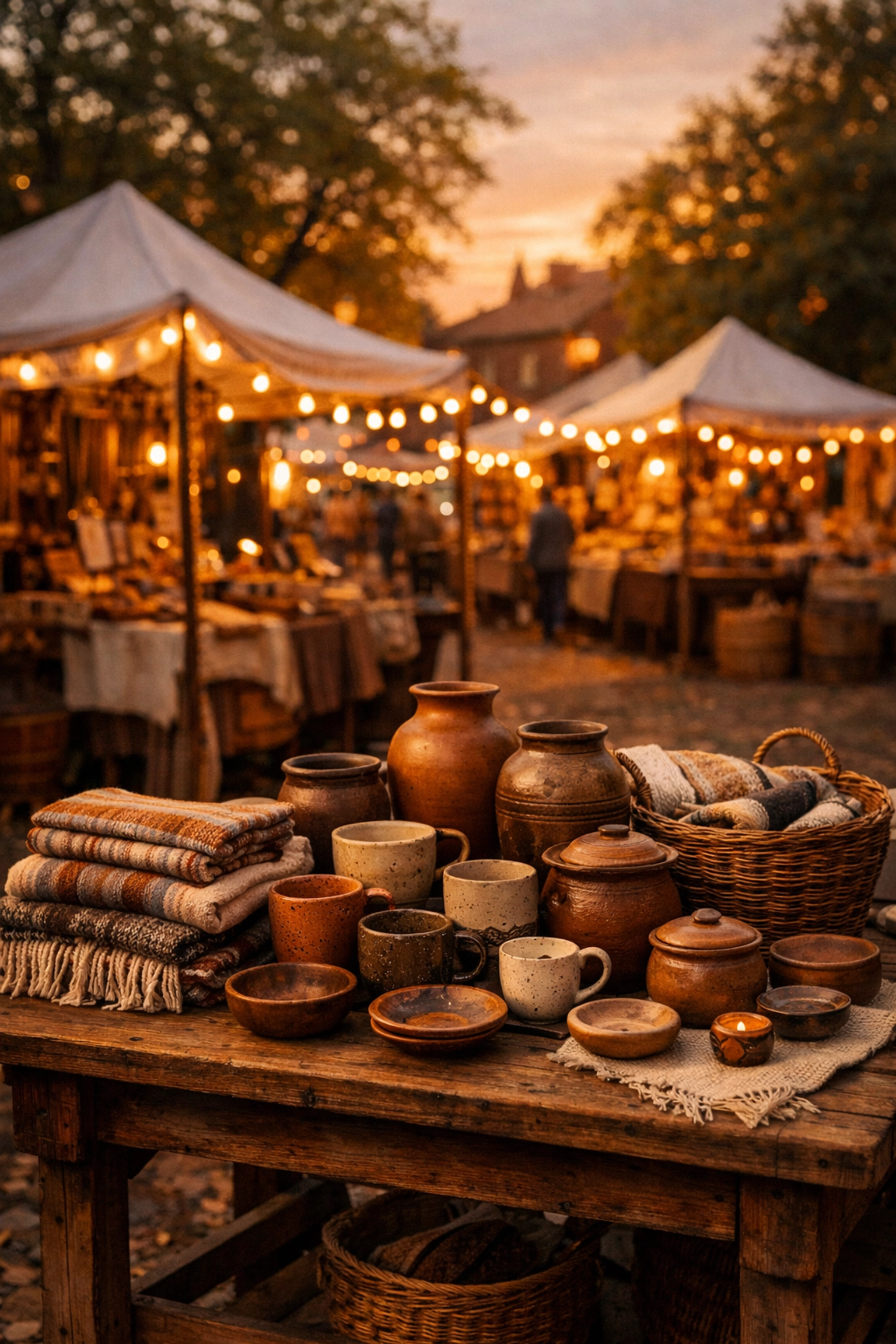 Handcrafted pottery and textiles displayed at a warm outdoor artisan market at dusk.