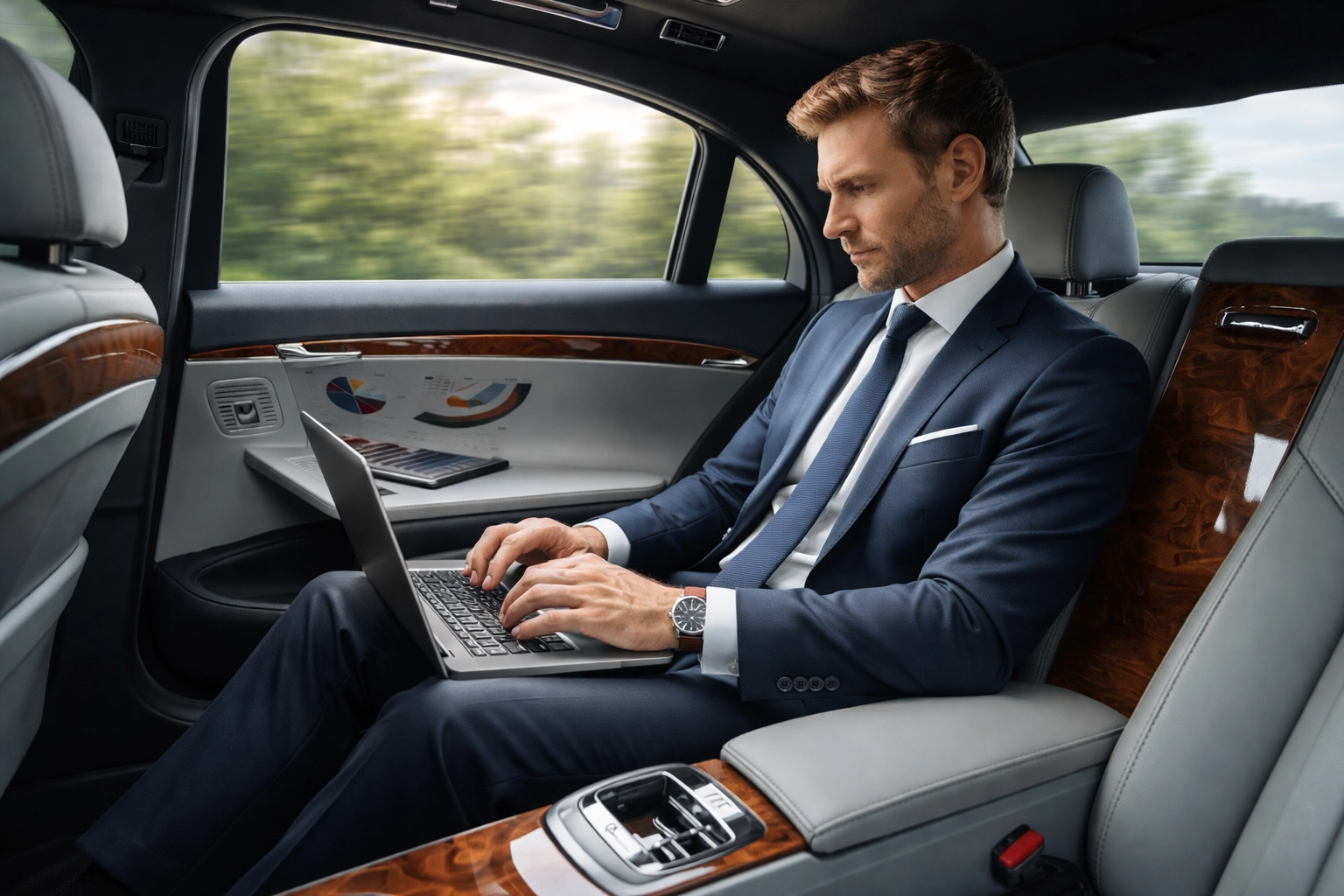 Business executive works on laptop in back of luxury Mercedes during Belfast airport chauffeur ride