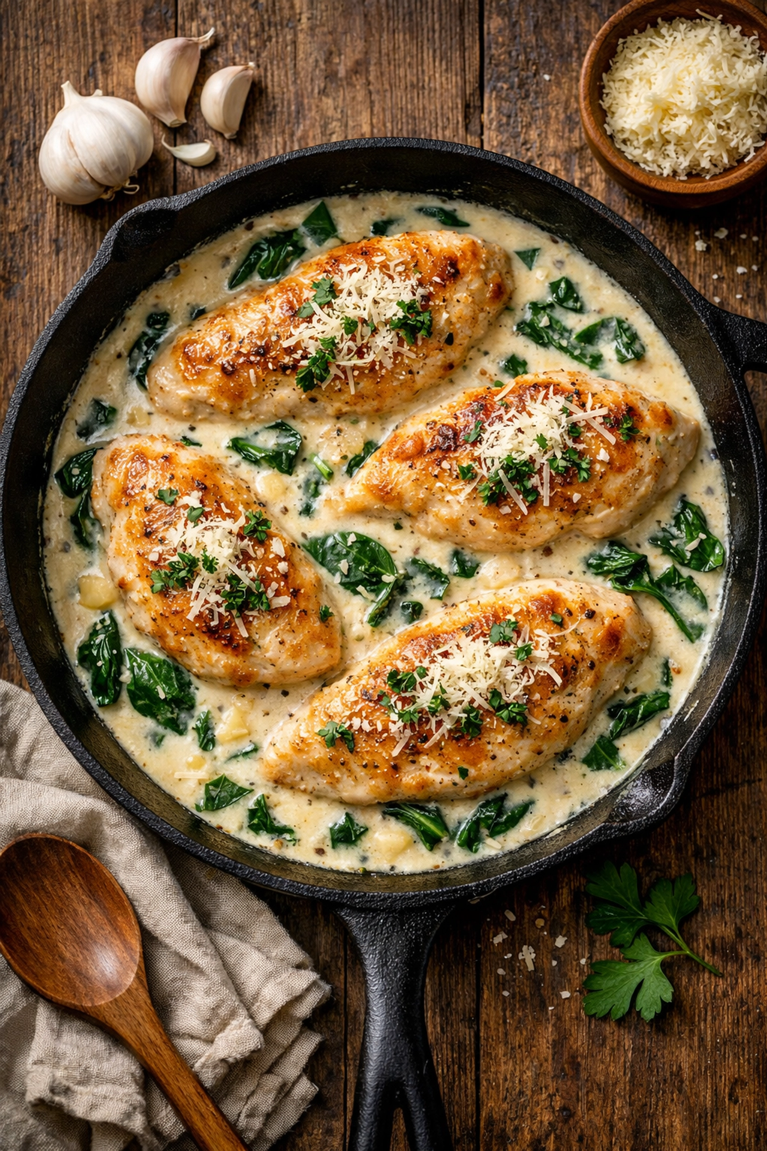 How to Create an Easy Weeknight Dinner in Under 30 Minutes (With Just 5 Ingredients) Creamy garlic parmesan chicken skillet with spinach - easy weeknight dinner ready in 30 minutes