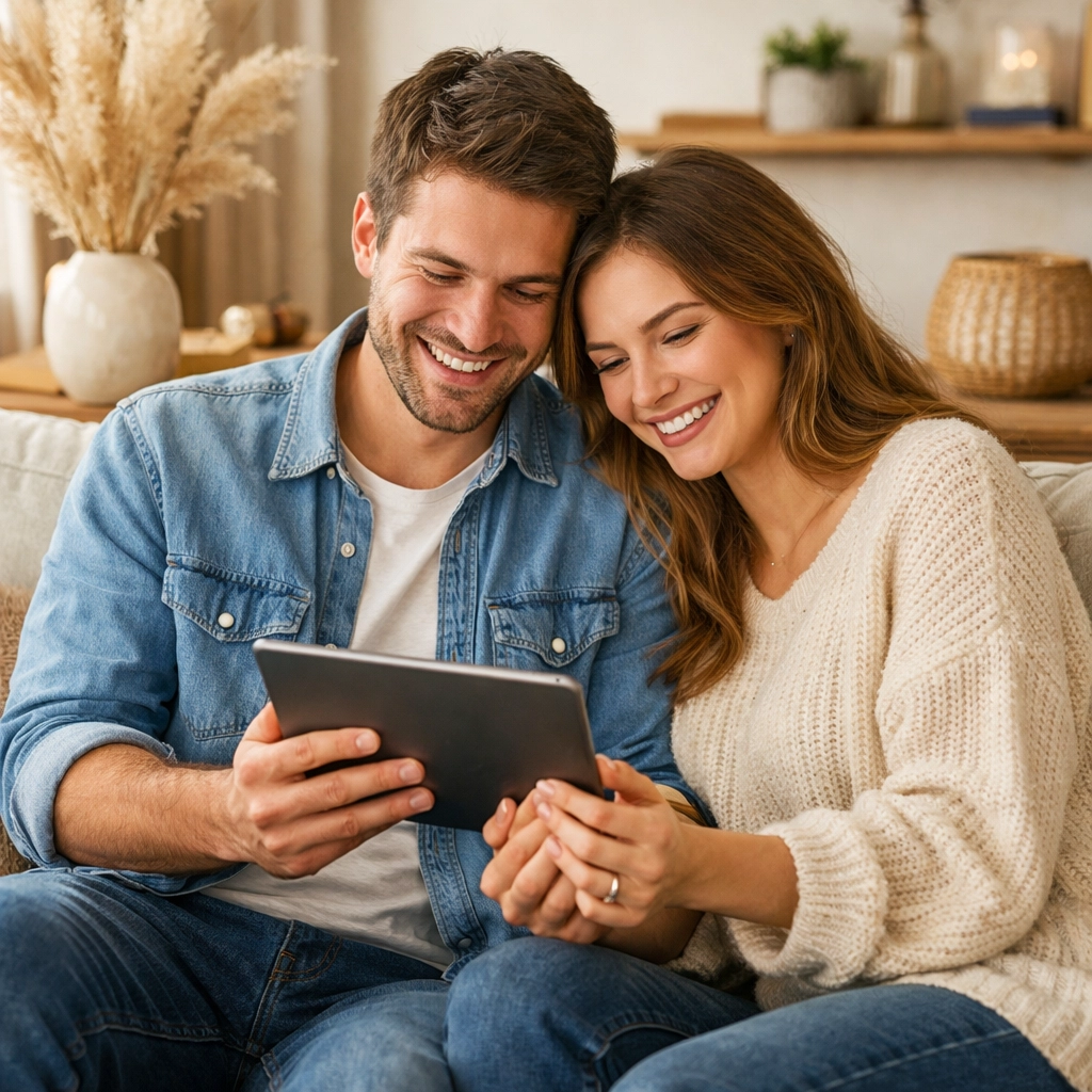Young couple happily planning their debt-free wedding on a tablet to avoid high-interest loans.