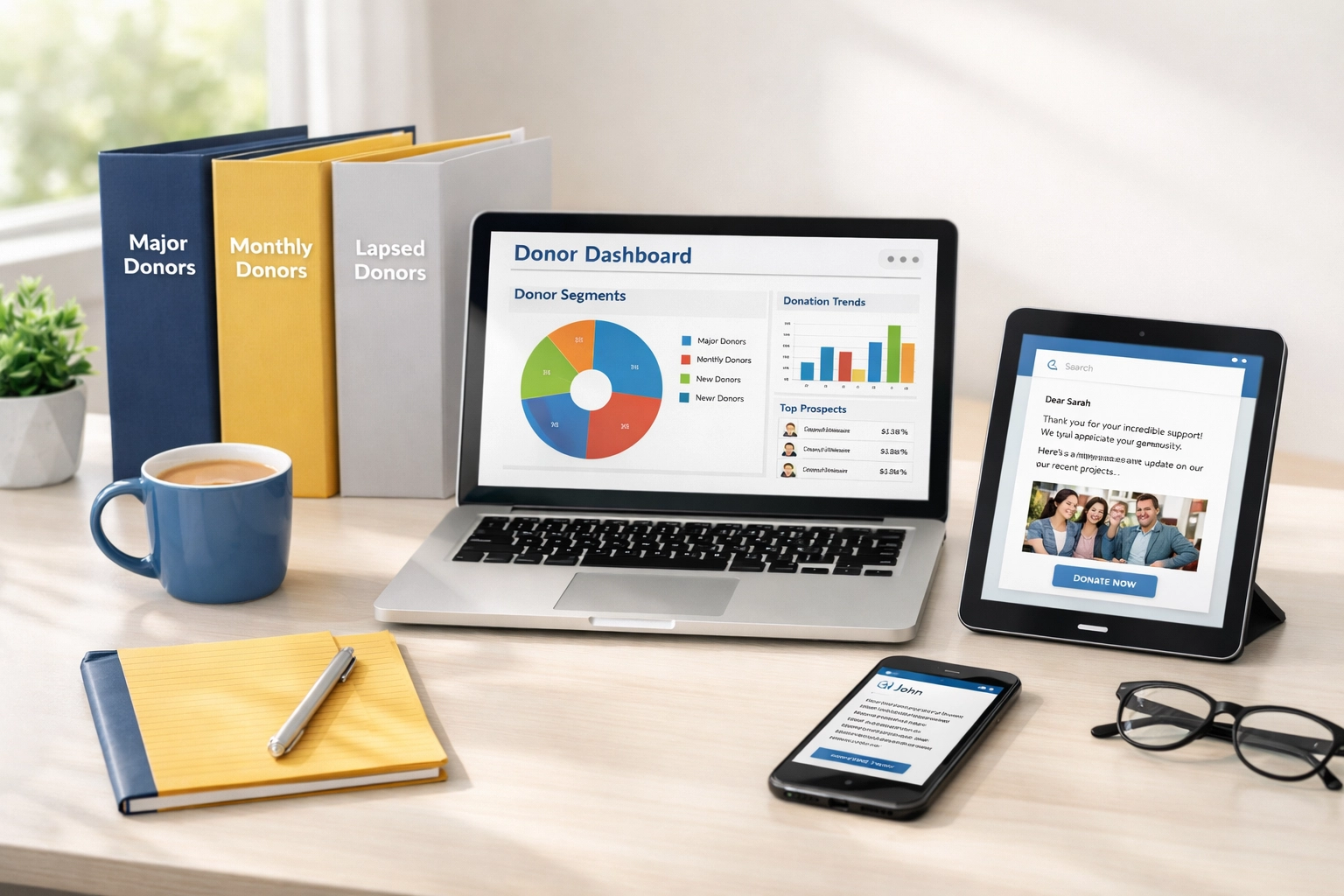 Donor relationship management dashboard showing major donor segments and cultivation pipeline