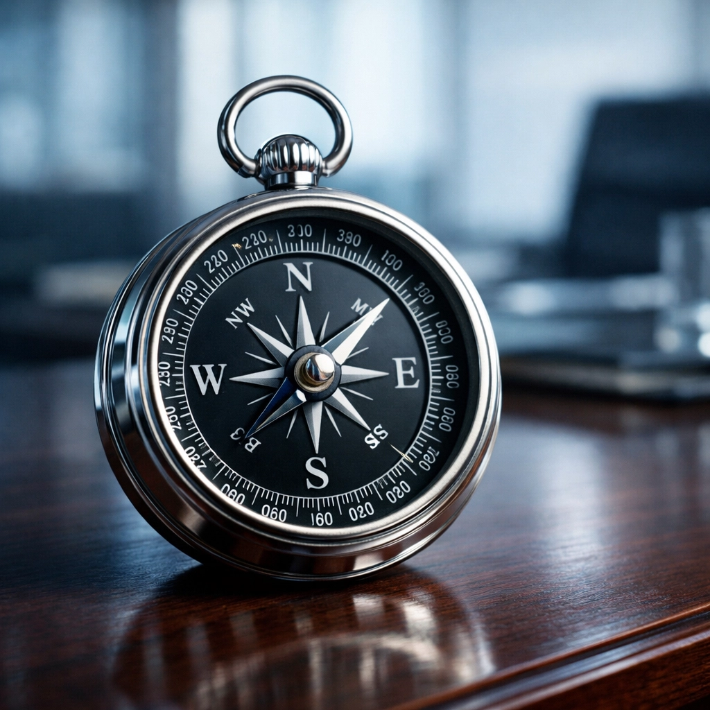 Silver compass on a desk symbolizing clarity and direction for Alabama business valuation.