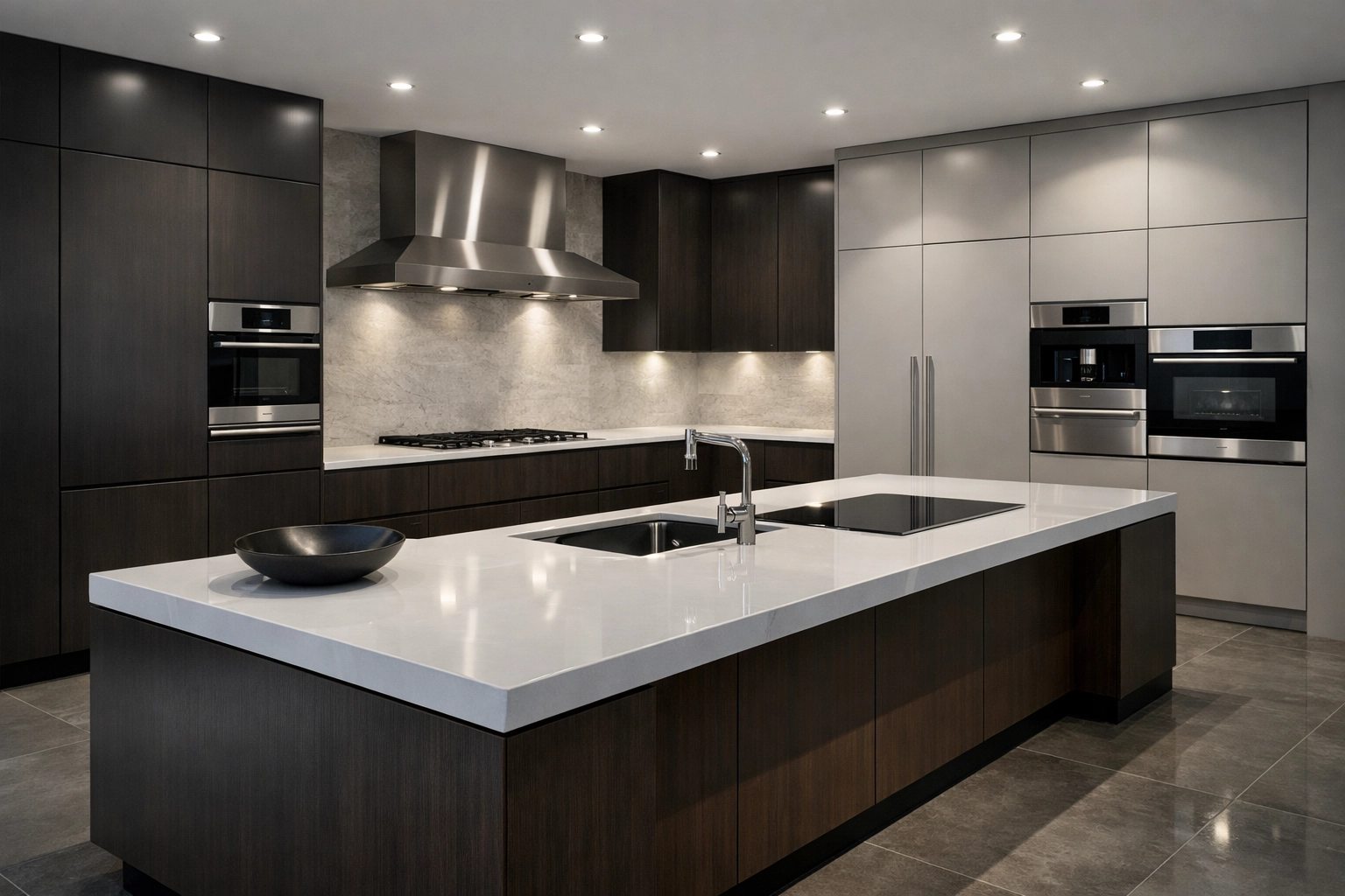 8K photorealistic kitchen showroom render - premium display with realistic spot lighting, reflective surfaces, high-end appliances, sharp edges and accurate shadows, no humans, no text