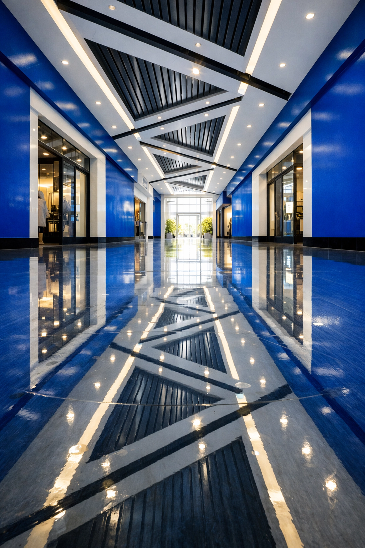 Shiny, high-gloss luxury vinyl tile flooring in a Maynard commercial facility corridor.