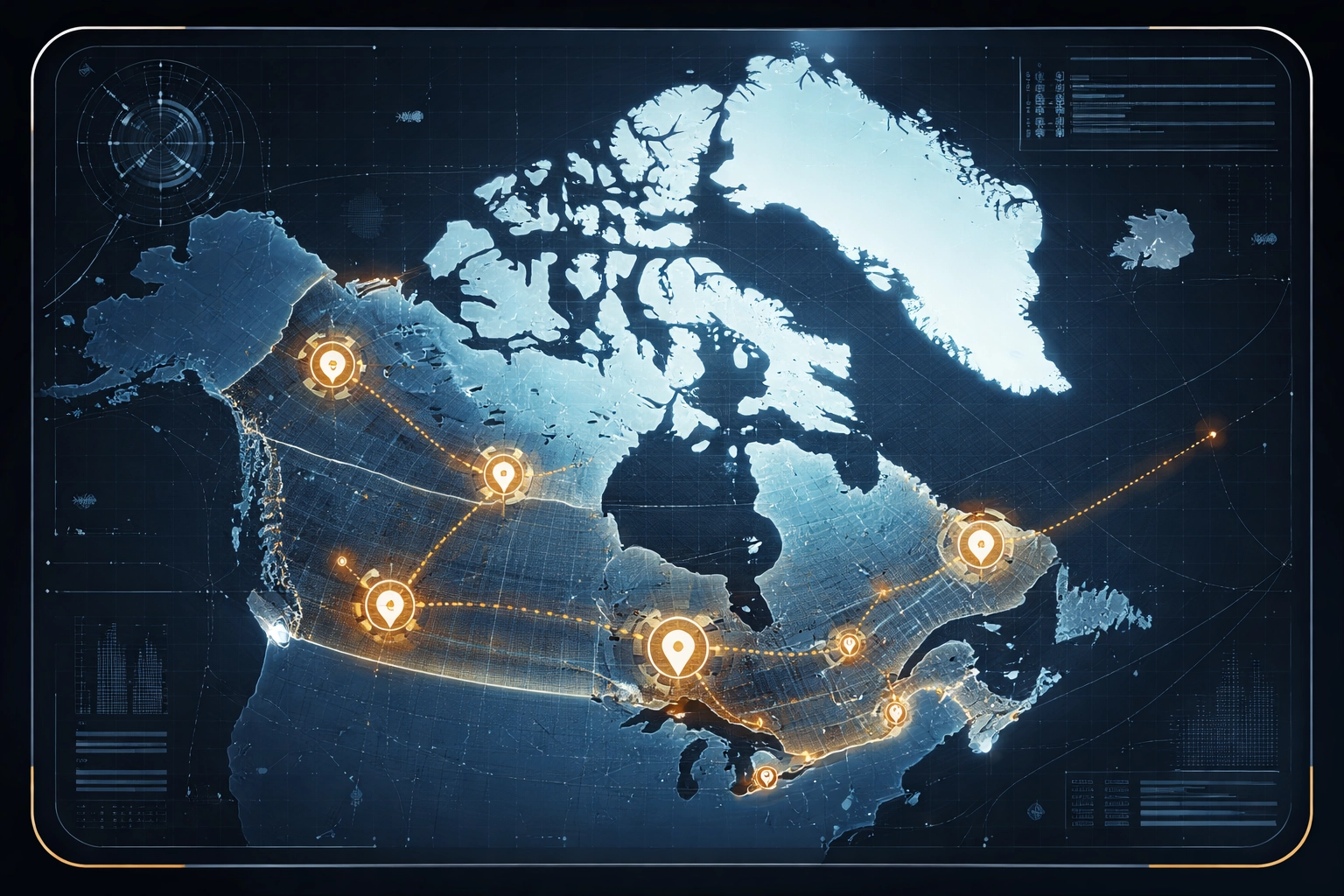 Arctic map of Canada and Greenland with tactical markers (no people)