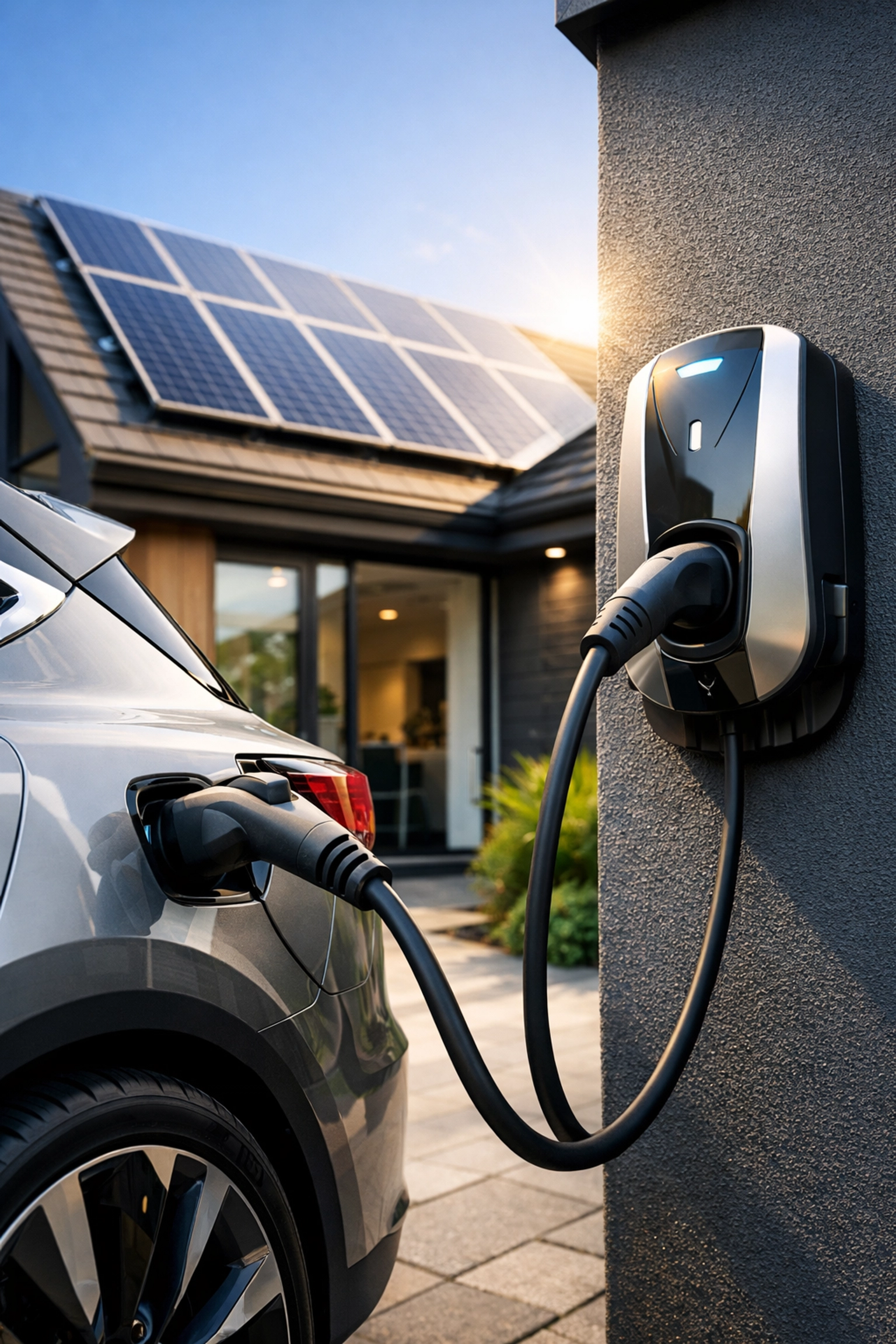 Home EV charging station and solar panel installation on a modern property in Poole.