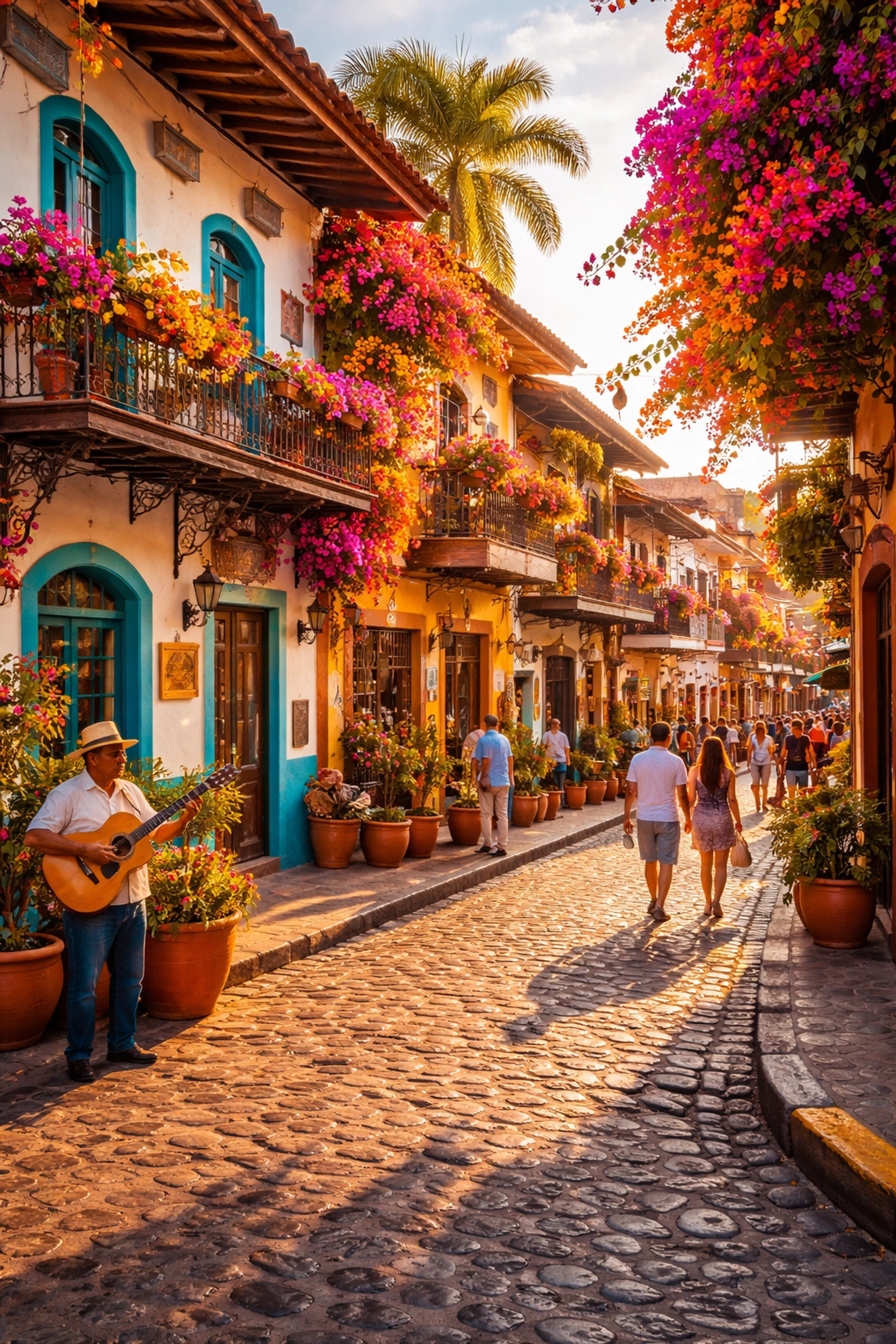 Colorful cobblestone street in Old Town Puerto Vallarta with colonial buildings and local culture