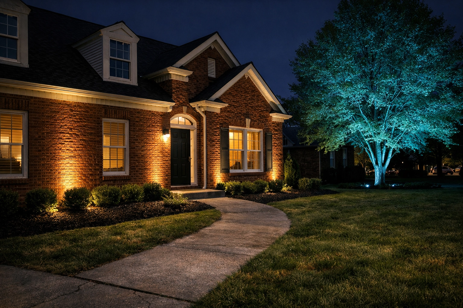Professional architectural lighting highlights a Central Kentucky home with subtle warm LEDs and hidden ground fixtures.