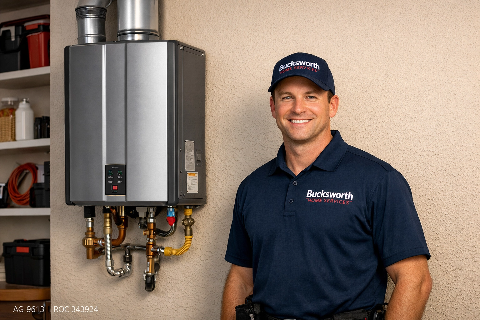 Bucksworth technician with a new tankless water heater installation in a Gilbert, AZ home garage.