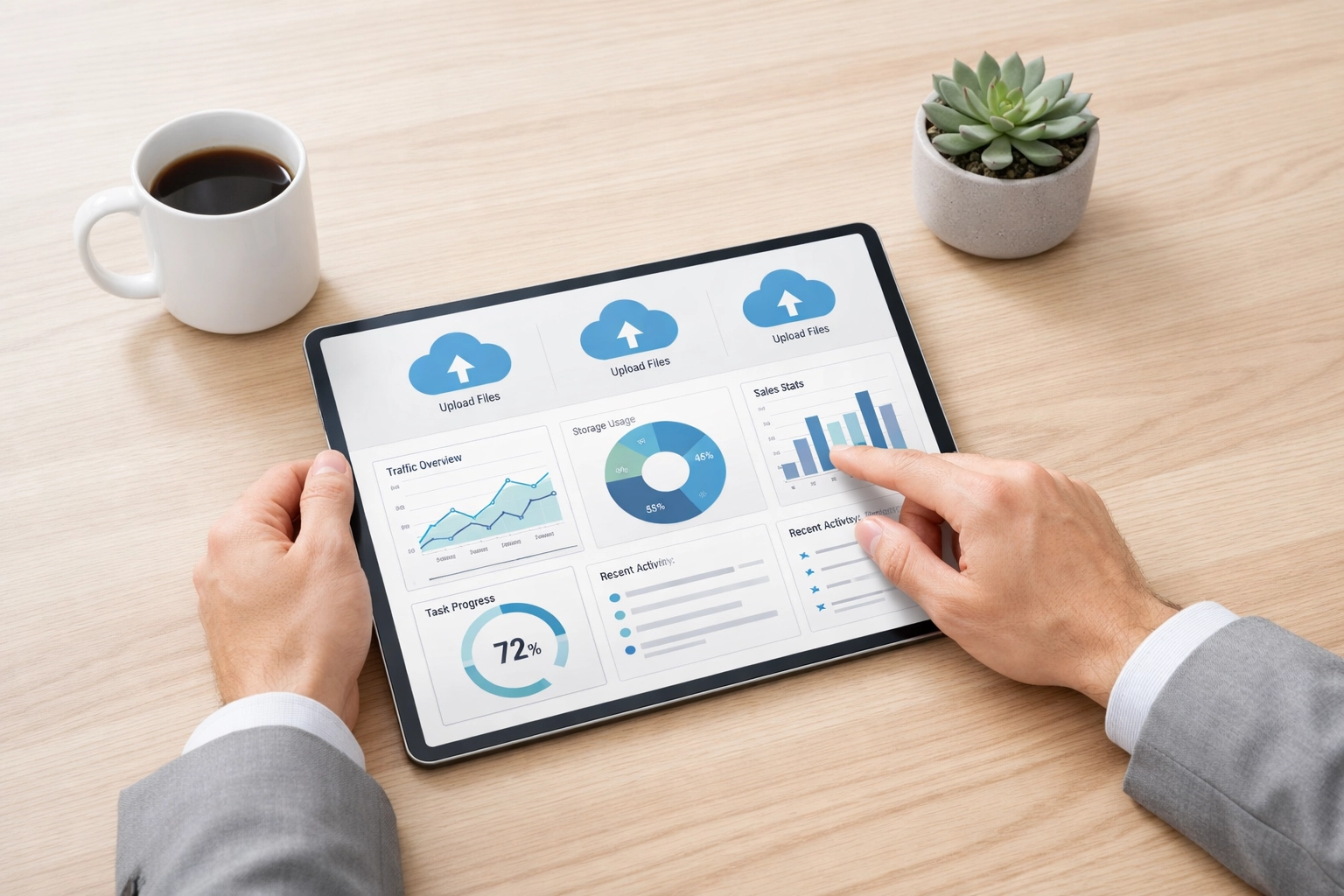 Tax professional using a digital dashboard on a tablet for efficient cloud-based client data collection.