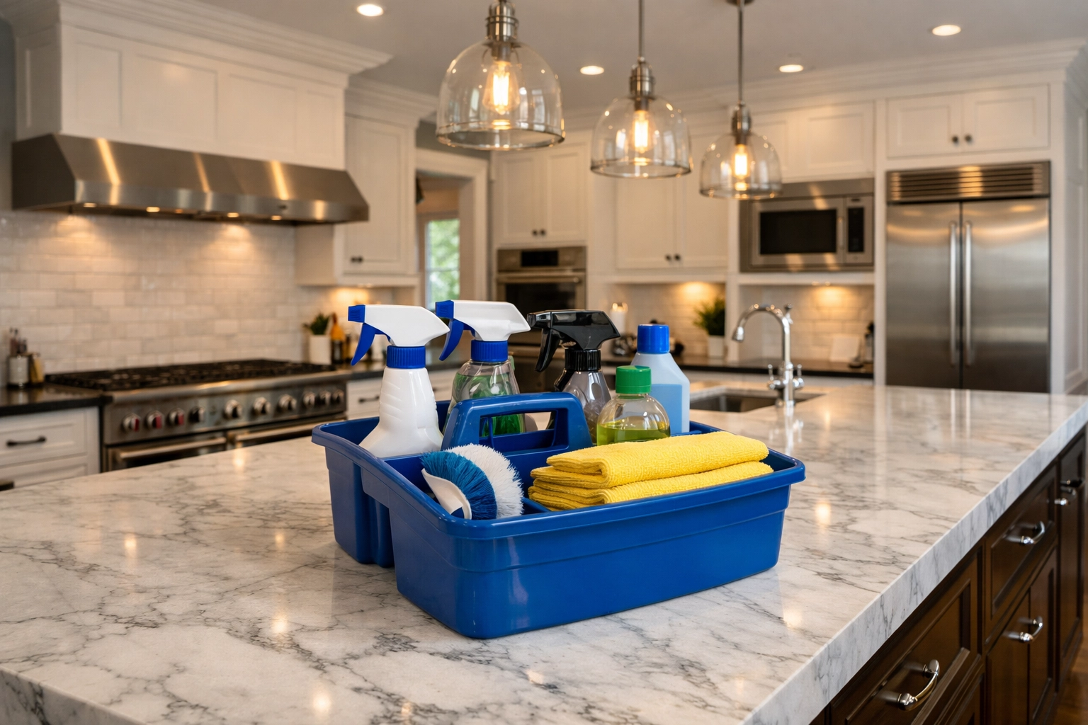 Cleaning caddy on a luxury kitchen island ready for professional cleaners Boston MA turnover.