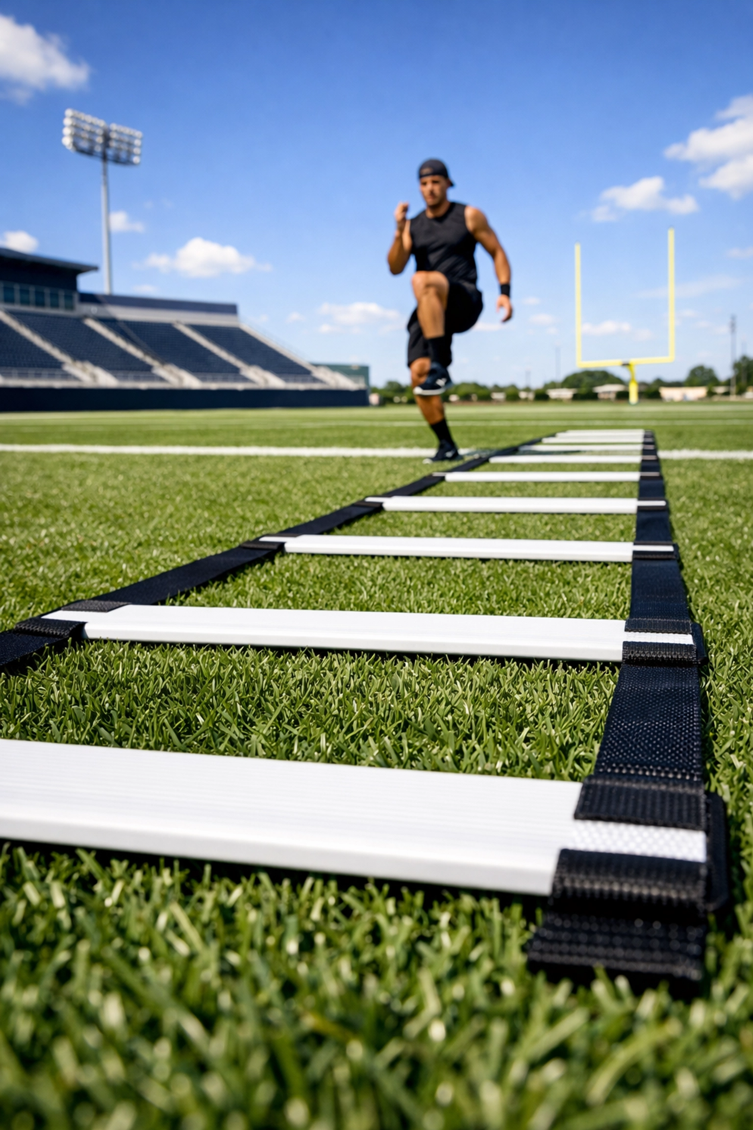 Football player using a professional agility ladder for footwork drills on a green turf field.