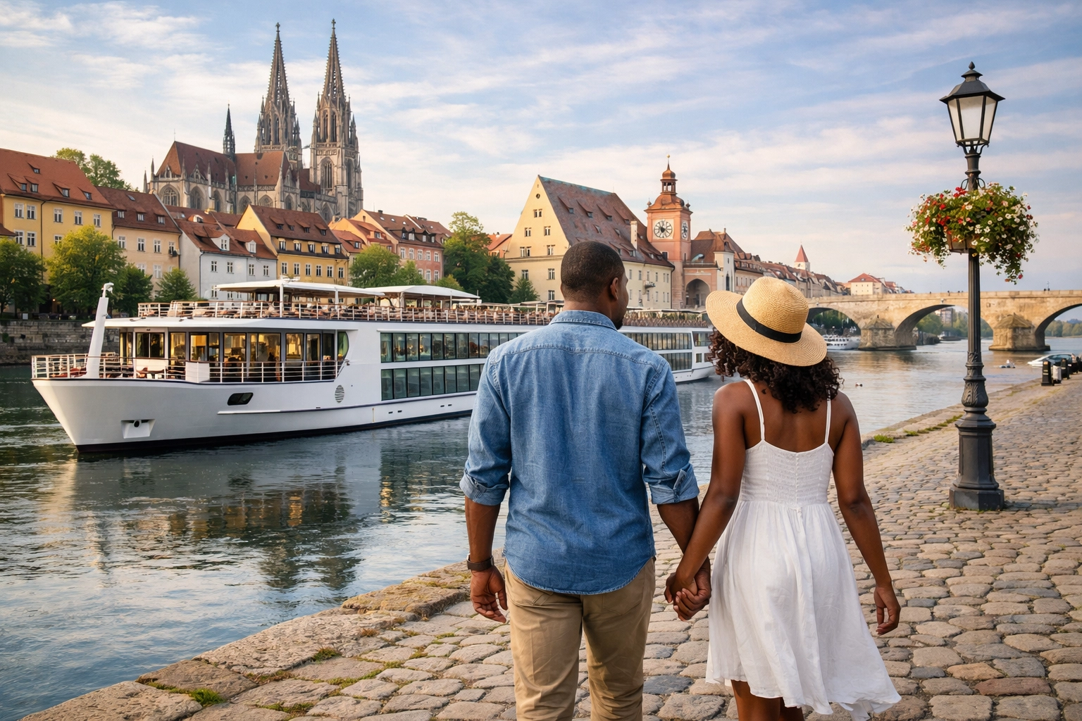 A luxury river cruise ship docked in Europe, illustrating the benefits of destination-focused luxury cruise deals.