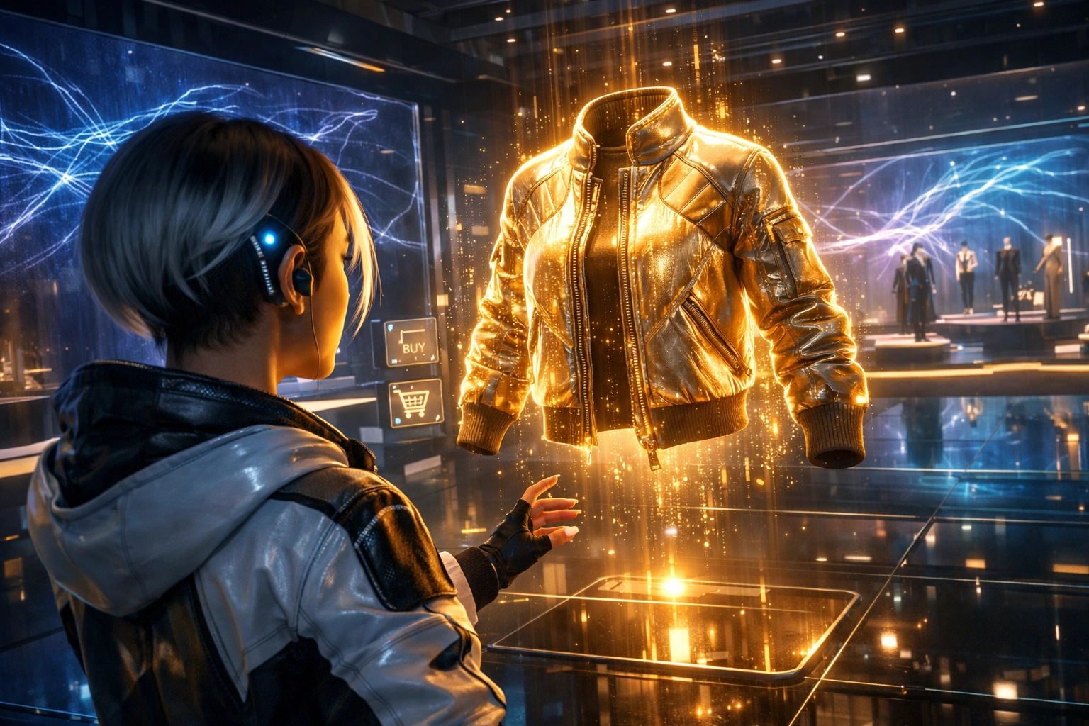 Avatar exploring a digital store in the metaverse using Larecoin.ai search for Web3 asset shopping.