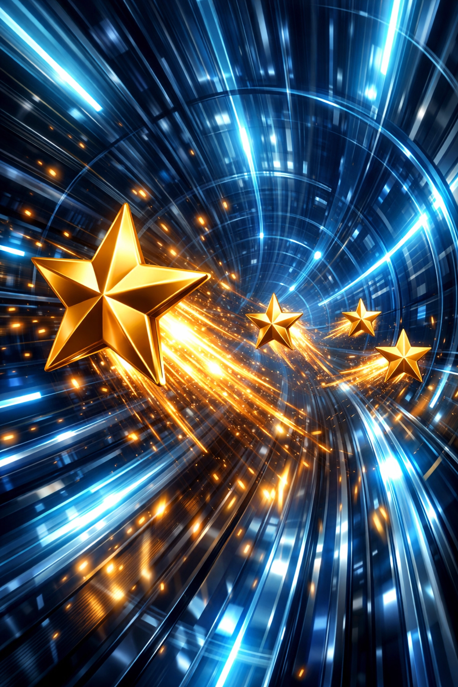 Fast-moving golden stars in a digital tunnel depicting review velocity as a key signal for local SEO rankings.