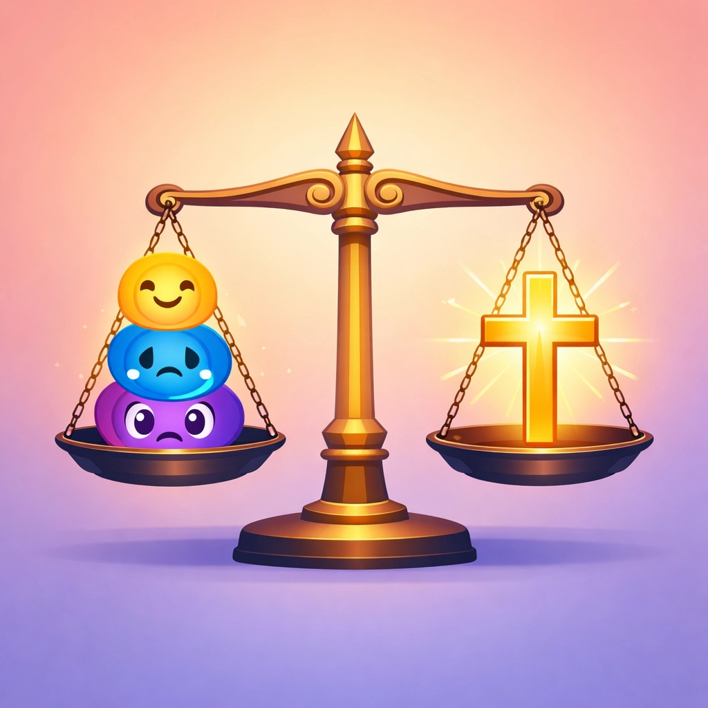 Balancing emotions with Christian faith - scale weighing feelings against the cross