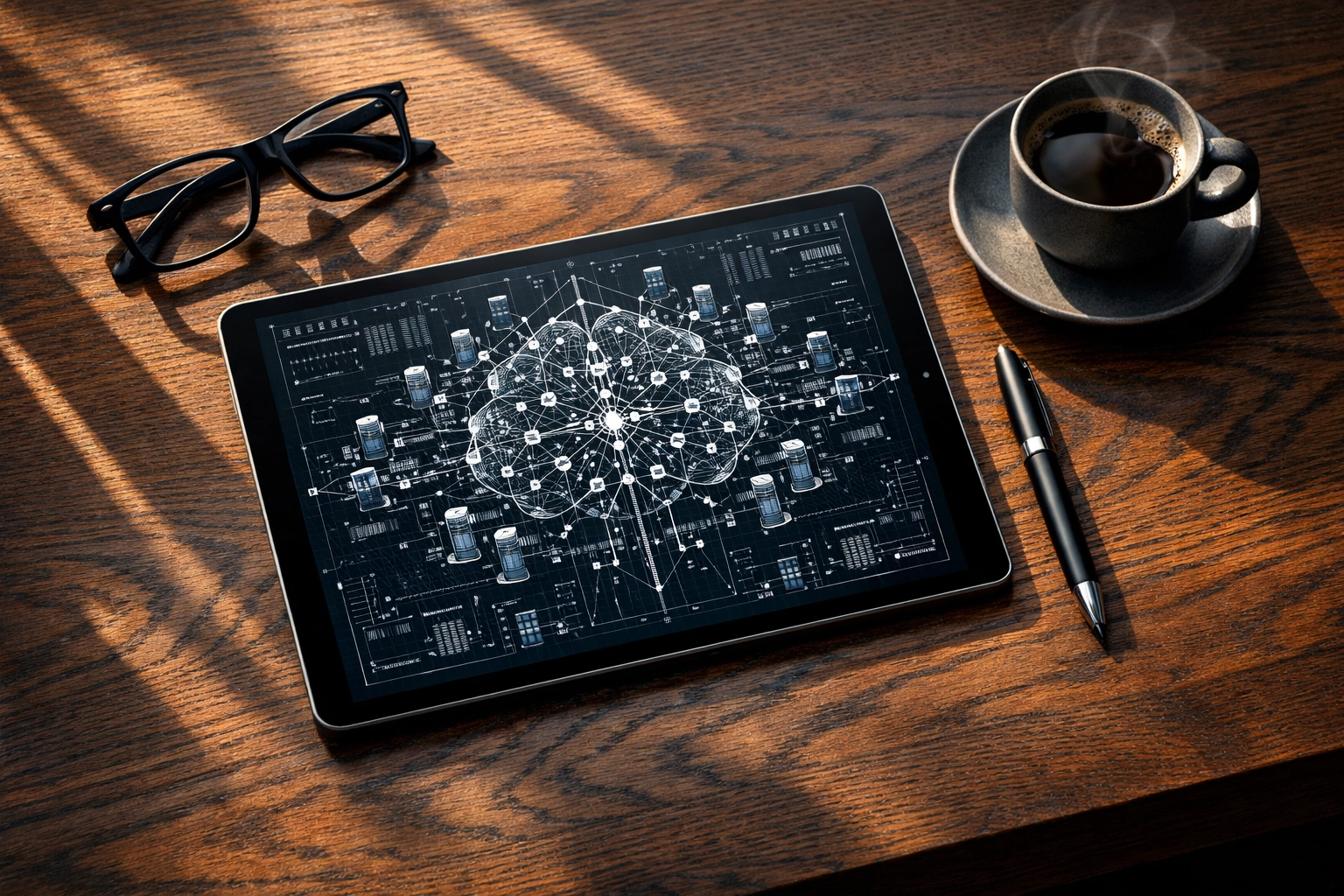 Professional desk with a tablet showing a strategic neural network blueprint for AI automation.