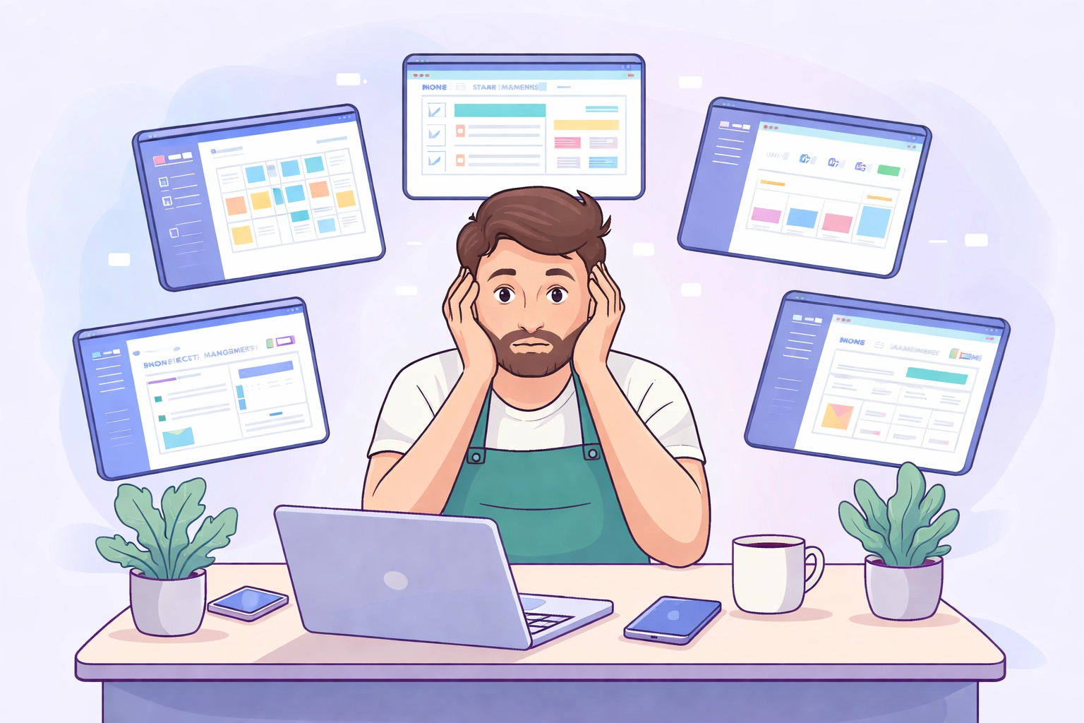 Small business owner overwhelmed by disconnected HR, CRM, and project management tools at a modern office desk