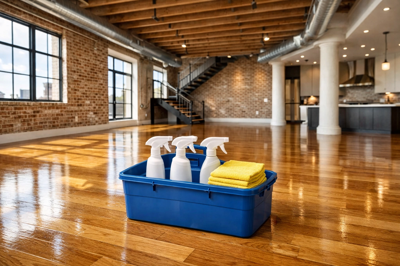 Professional cleaning supplies ready for a move-in deep cleaning Boston MA at a luxury loft.