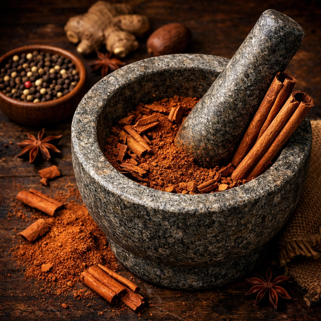 Traditional stone mortar and pestle grinding fresh H1 grade Ceylon cinnamon into aromatic powder.