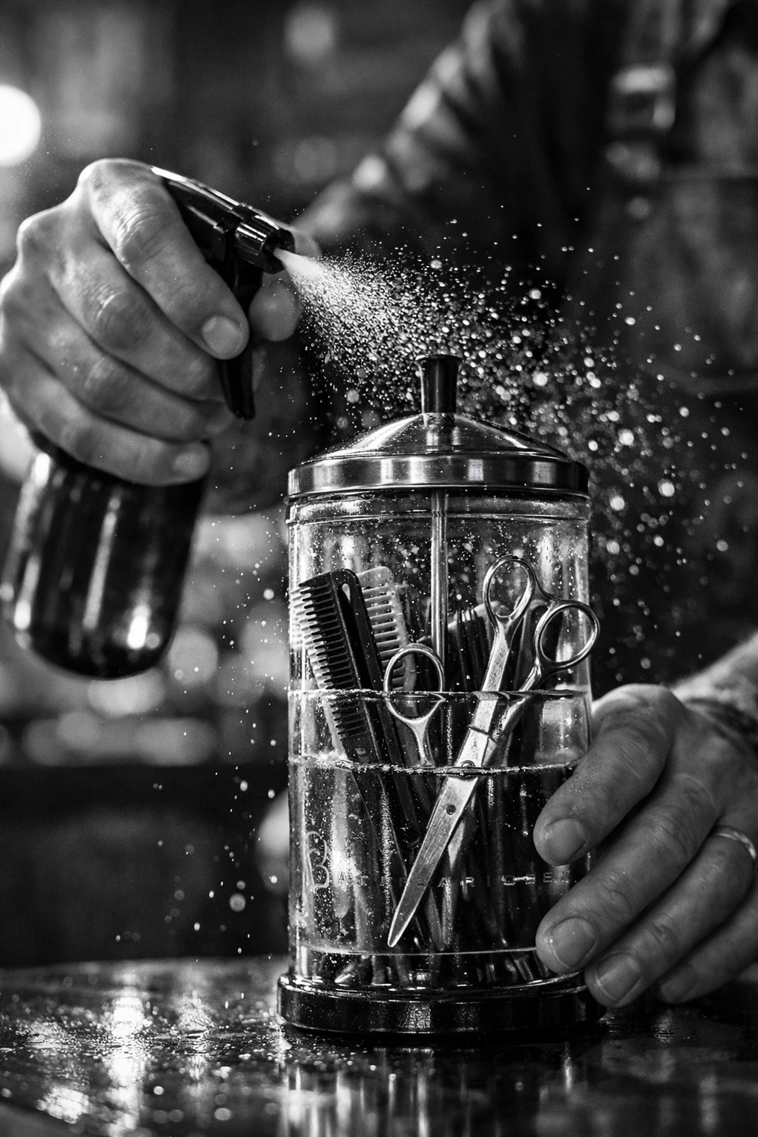 Barber sterilizing scissors and combs in disinfectant solution for infection control