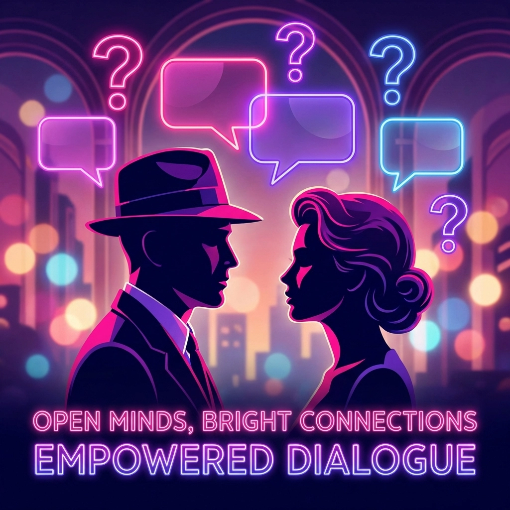 Two people conversing with neon speech bubbles, illustrating clear consent communication