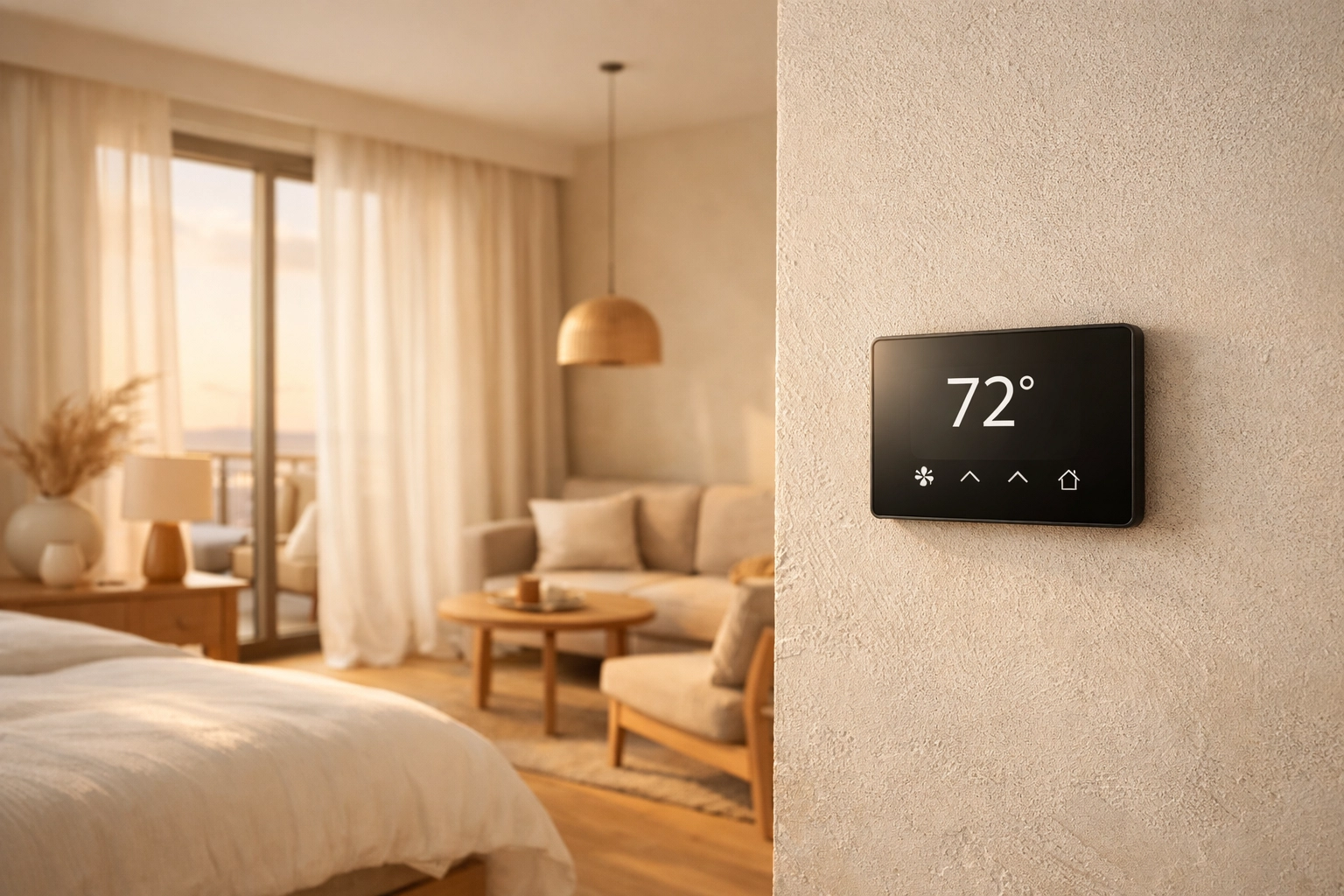 Smart climate control interface in a luxury suite, reflecting sustainable hospitality trends in 2026.