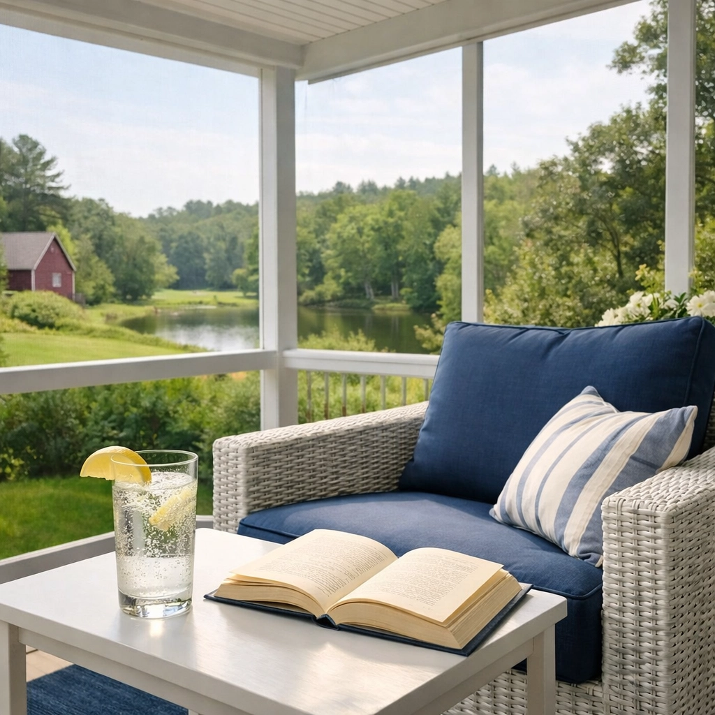 Relaxing clean sunroom in Stow MA showing the free time gained from hiring a professional cleaning service.