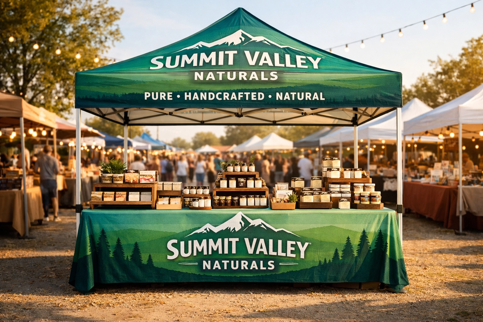 Complete event booth setup with matching custom canopy tent and tablecloth branding